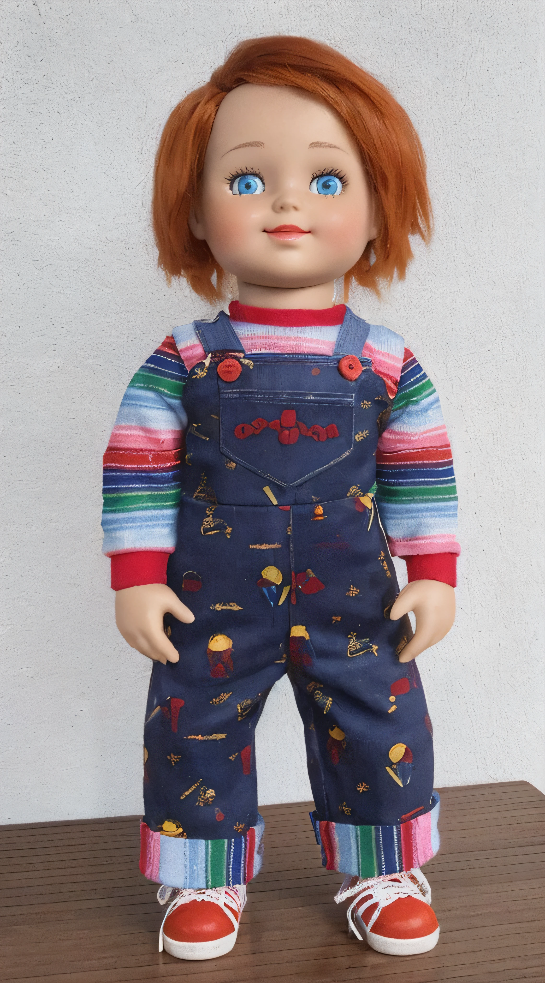 (best quality, high resolution, masterpiece: 1.2) 30 years old doll, ultra-detailed, portrait, , [inspired by good guys], [doll], , [glass appearance], life size, like a puppet, perfect eyes , [weak smile], rubber [plaid lumberjack clothes], bright colors, orange and moody lighting.