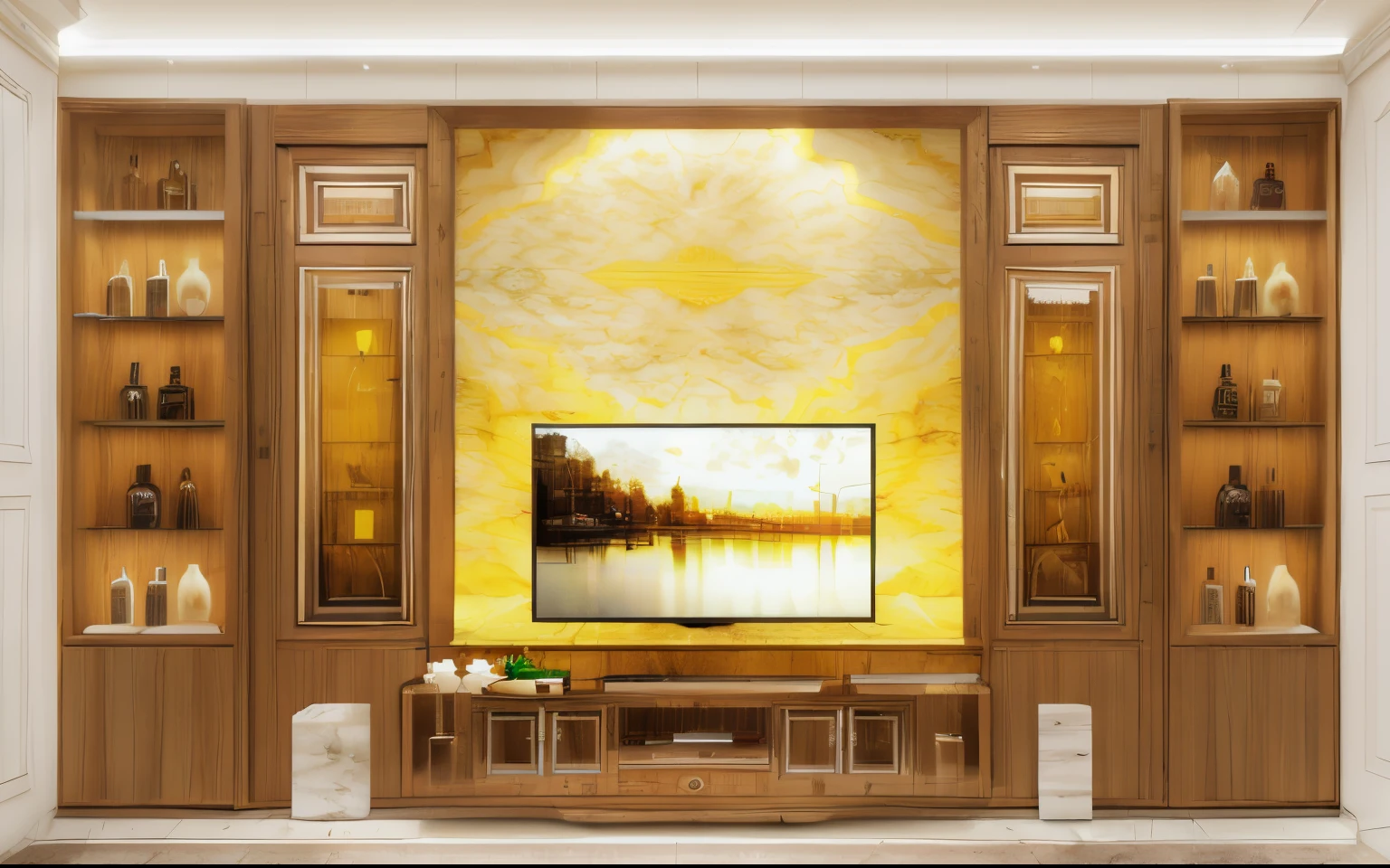 Natural wood interior wall decoration in the living room. The space between the two windows is decorated with large marble panels. Wine cabinets are decorated on both sides of the window. Below is the TV shelf. decorated in neoclassical style, warm colors, yellow decorative lights, beautiful natural photos living room