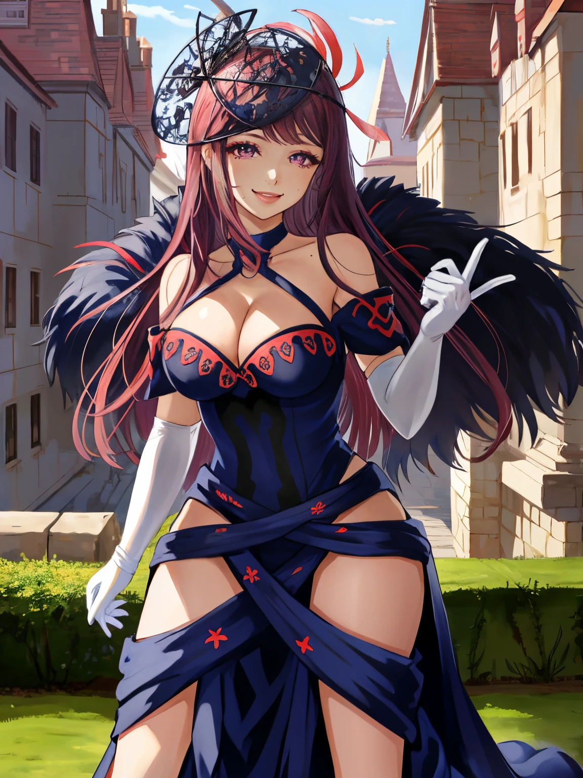 ivy fe, 1girl, solo, breasts, looking at viewer, loving smile, gentle eyes, castle background, gloves, dress, cleavage, bare shoulders, purple eyes, upper body, elbow gloves, white gloves, mole, lips, makeup, mask, mole under mouth, full body, own hands together, sexy pose