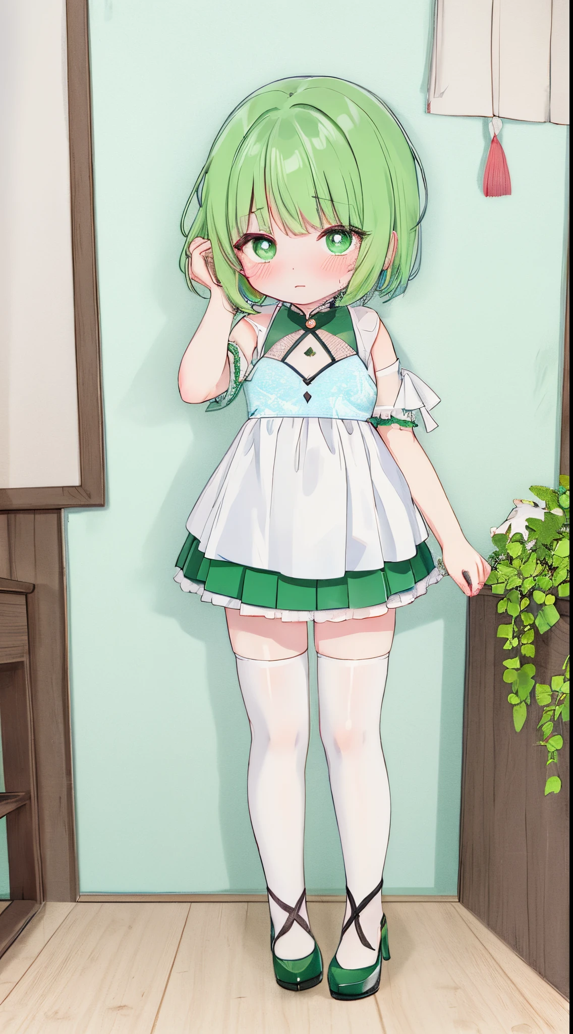 Best quality，face to the viewer，独奏，Short hair details，Cute little turtle，White stockings，Green-eyed，heart - shaped pupils，Alone，Green hair，inside a room，weeping，Very shy，夏天，weeping willow，lakeside，high-heels，Full body photo，are standing，walk，dynamicposes，Close-up of people