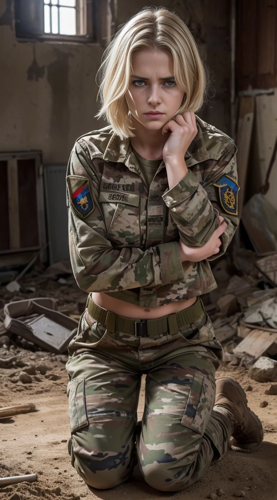 1girl, a beautiful russian 20 years old girl, athletic slender body, medium size breasts, narrow hips, small ass, hairy pussy, wearing military boots, wearing russian camo pattern military pants, wearing a russian camo pattern long military shirt, she is a prisoner of war, (exhausted face, depressed look, tired look, bruises on the face, lots of dirt on the face, dust on the face, frightened face:1.2), very pale skin, assymetrical bob haircut, blonde hair, blue-grey eyes, thin face, (kneeling in the middle of a ruined ukrainian house room, military equipement scattered on the floor:1.1), hands tied in her back, exhausted look, tired look, bruises on the face, very dusty face, frightened face, (dramatic lighting:1.1), ultra high res.photorealistic:1.4, UHD, (anatomically correct:1.4), exhausted look, suffering look, bruises on the face, dirt on the face, (exhausted face:1.2)