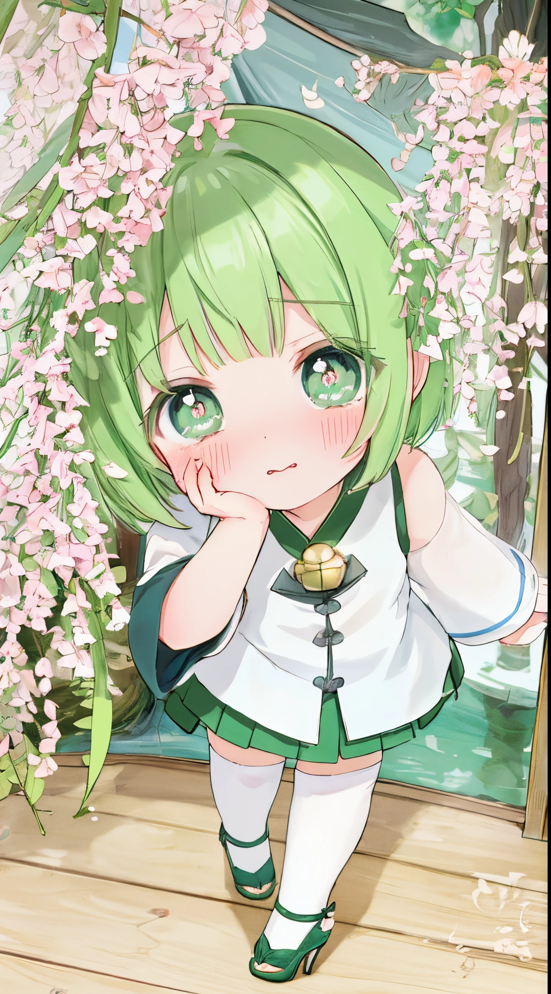 1 girl, cute, young, green hair, bob haircut, green eyes, Chinese clothes, thigh high, excessive cum, bukkake,