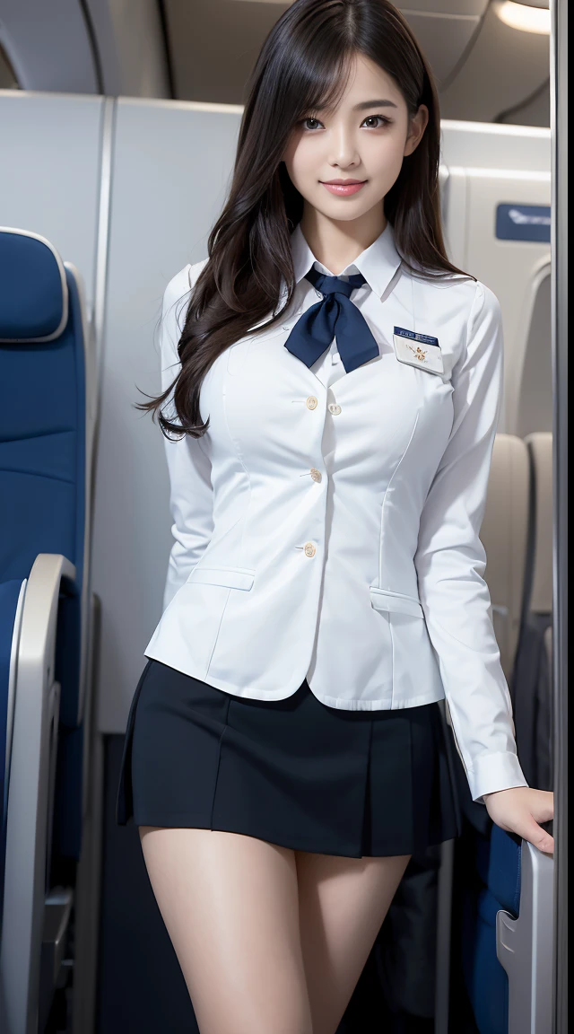 top-quality, masterpiece, 8K, 超A high resolution, (Photorealsitic:1.4), 1girl in、美丽的面容、symmetrical eye、Colossal tits、Perfect body proportion、Stewardess uniform、Look at viewers、(Inside the plane:1.2)、front-facing view、Shoulder、Absolute area(1.3)、A smile erotic school uniform