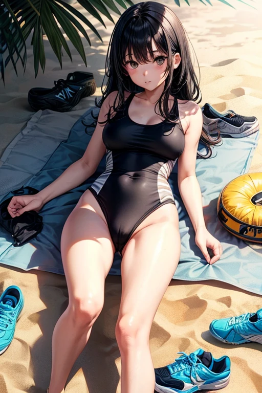 girl, black hair, full swimsuit , sneakers, lying on the sand