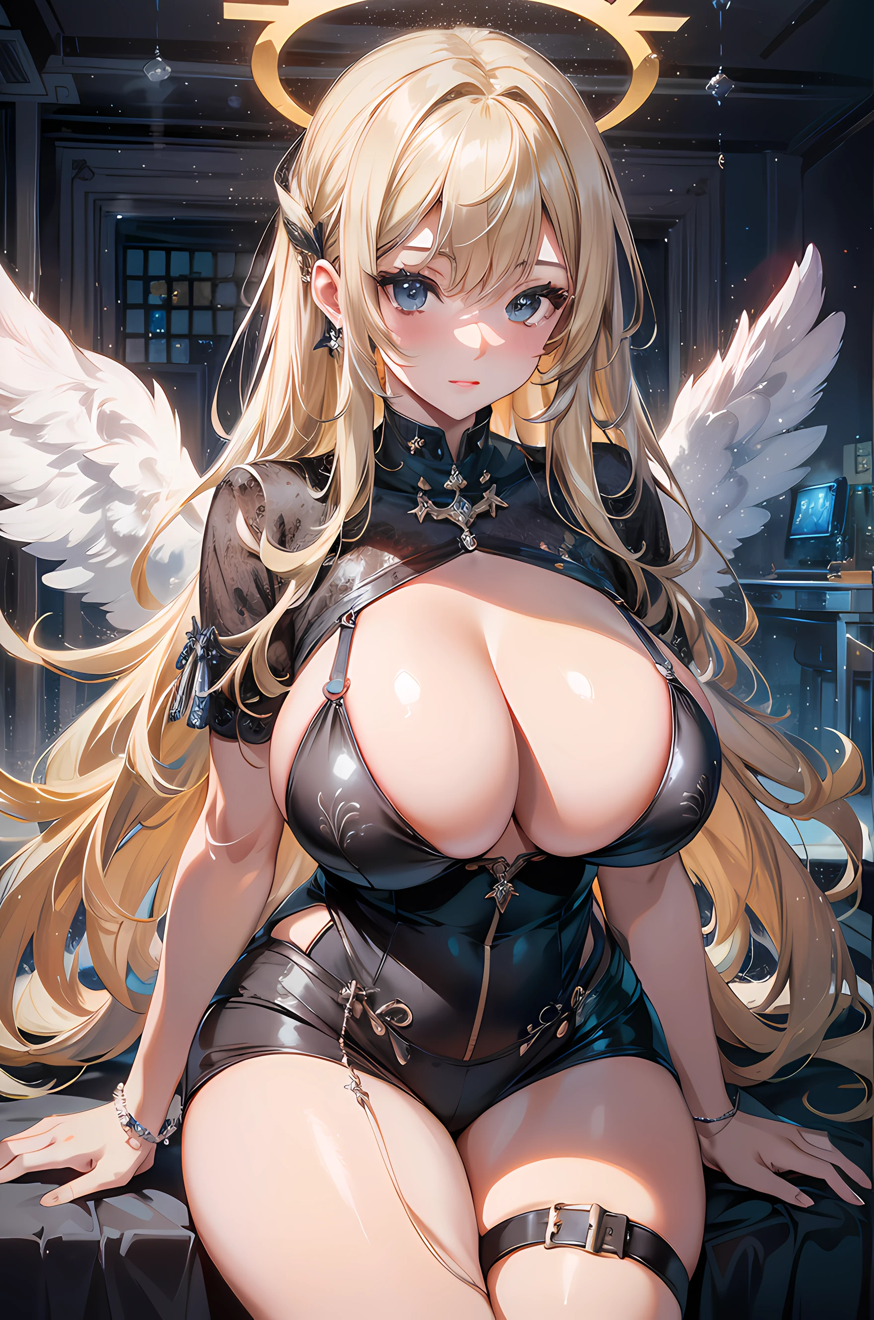 absurd, 8K, high resolution, ultra detailed, beautiful, masterpiece, best quality, very pretty woman, sexy doctor, angel wings, halo, detailed female face, very attractive, (very large breasts: 1.4), long, straight hair, blonde Hair, hair pinned up