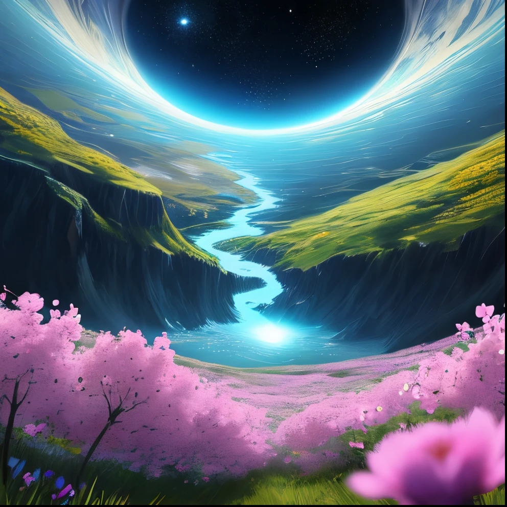 The DNA that was born on the blue planet is shining brightly and flowers are blooming around it.