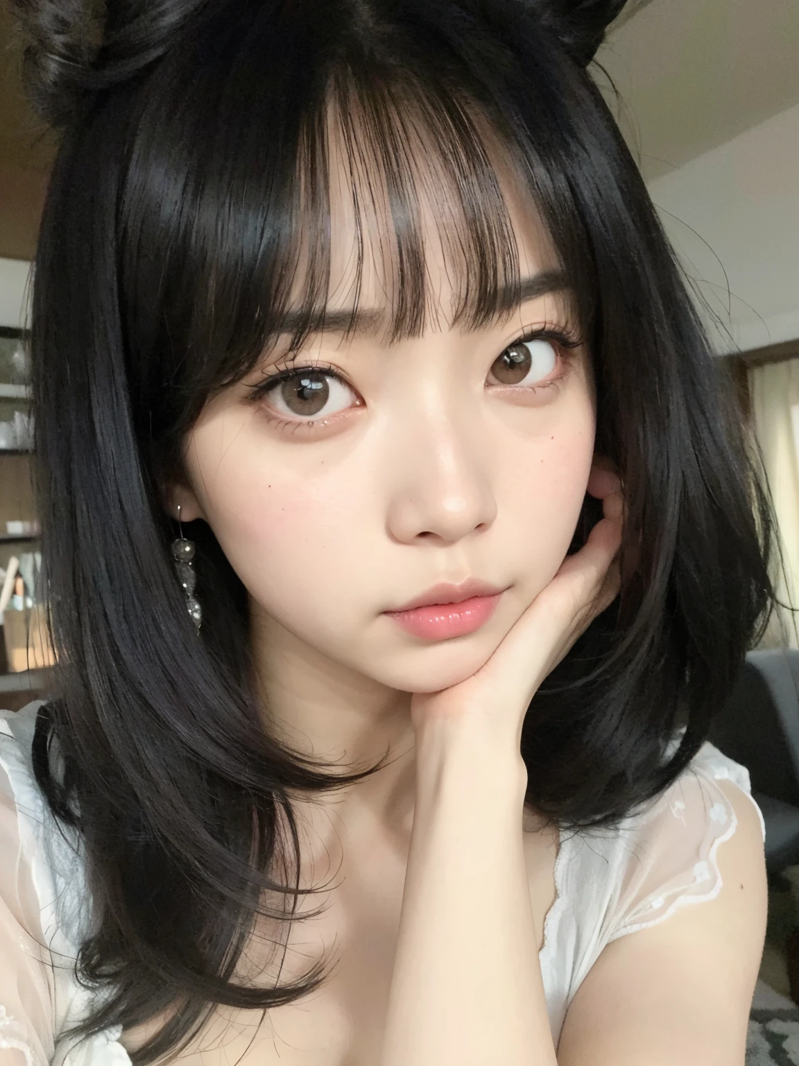 un primer plano de una mujer con cabello negro y un vestido blanco, Yoshitomo Nara, chica linda-fina-cara, young cute wan asian face, Sui Ishida con cabello negro, Jaeyeon Nam, Hermosa cara de chicas japonesas, Ella tiene el pelo negro con flequillo, Chiho, Jinyoung Shin,