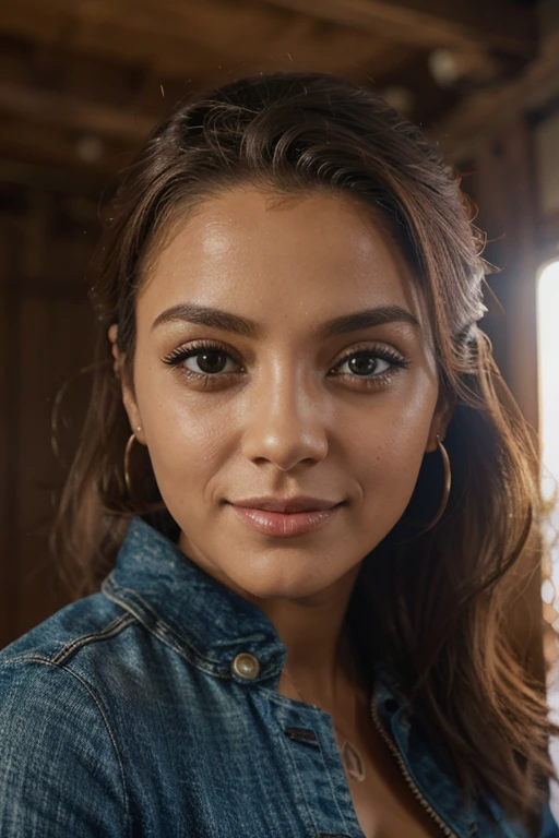 Fotografia de uma mulher muito bonita, com longos cabelos ondulados, pele castanha clara, olhos castanhos, corpo inteiro, vestindo uma jaqueta de couro, face centrada, sorriso suave, Rosto detalhado, efeito cinema, Fundo da imagem barzinho, editado no Adobe Premiere, 8k. as realistic as possible