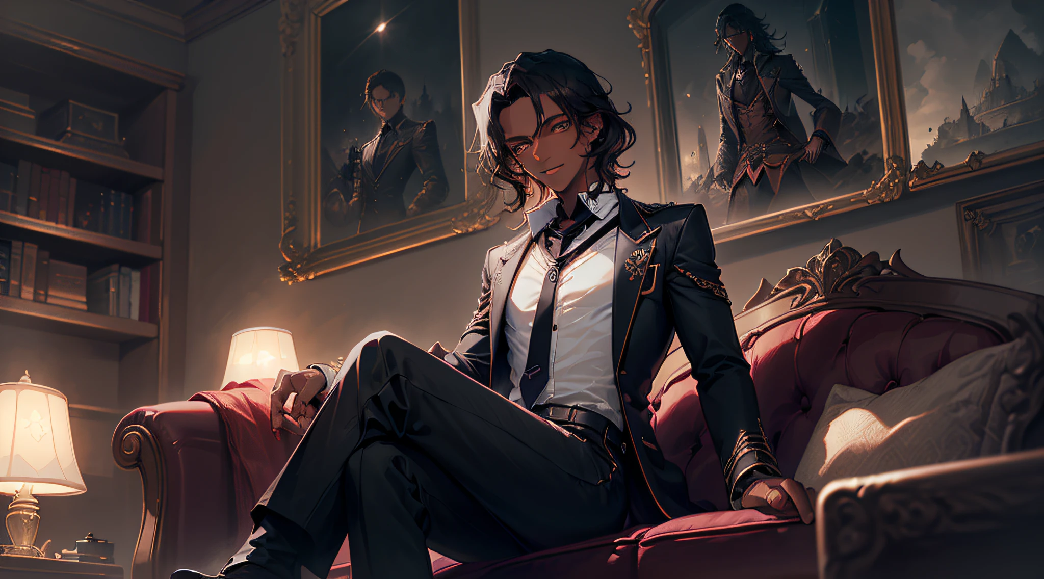 1 boy,Young male,eyes looking to camera,Perfect male body, dark skin(with dark wavy hair, medium hair, brown eyes, dark skin, dark skin tone Forehead exposed, white button-up shirt, red necktie, black pants, lean physique, Sit on the sofa), (Evil smile),background: window with warm lighting, library