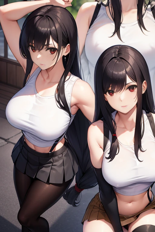 Tifa Lockhart, Tifa Lockhart, Black hair, Long hair, (low-tied long hair:1.5), (Red Eyes:1.5), swept bangs, single sidelock,
Break Arm Guard, Bare shoulders,  Black skirt, Black Sports Bra, black thighhighs, 鎖骨, croptop, earrings, Jewelry, Midriff, Navel, Single earring, Skirt, Sports Bra, Suspender Skirt, suspenders, Tank top, Teardrop Earrings, thighs thighs thighs thighs, (White tank top:1.5), zettai ryouiki,
BREAK looking at viewer, Full body,
BREAK outdoors,
BREAK (masutepiece:1.2), Best Quality, High resolution, Unity 8k壁纸, (Illustration:0.8), (Beautiful detailed eyes:1.6), extra detailed face, Perfect Lighting, extremely details CG, (Perfect hands, Perfect Anatomy),