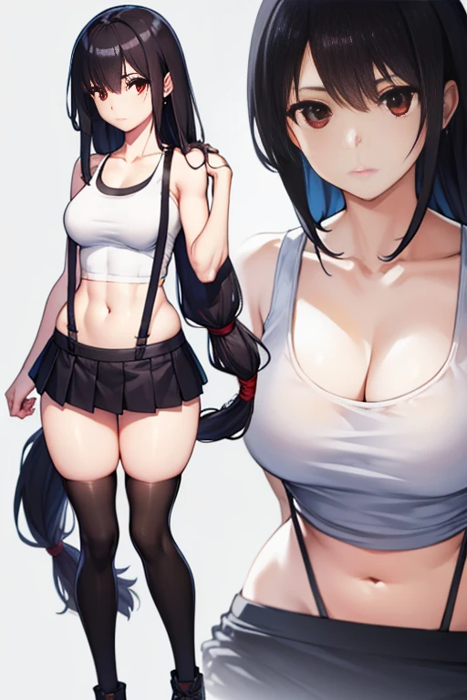 Tifa Lockhart, Tifa Lockhart, Black hair, Long hair, (low-tied long hair:1.5), (Red Eyes:1.5), swept bangs, single sidelock,
Break Arm Guard, Bare shoulders, Black skirt, Black Sports Bra, black thighhighs, 鎖骨, croptop, earrings, Jewelry, Midriff, Navel, Single earring, Skirt, Sports Bra, Suspender Skirt, suspenders, Tank top, Teardrop Earrings, thighs thighs thighs thighs, (White tank top:1.5), zettai ryouiki,
BREAK looking at viewer, Full body,
BREAK outdoors,
BREAK (masutepiece:1.2), Best Quality, High resolution, Unity 8k壁纸, (Illustration:0.8), (Beautiful detailed eyes:1.6), extra detailed face, Perfect Lighting, extremely details CG, (Perfect hands, Perfect Anatomy),