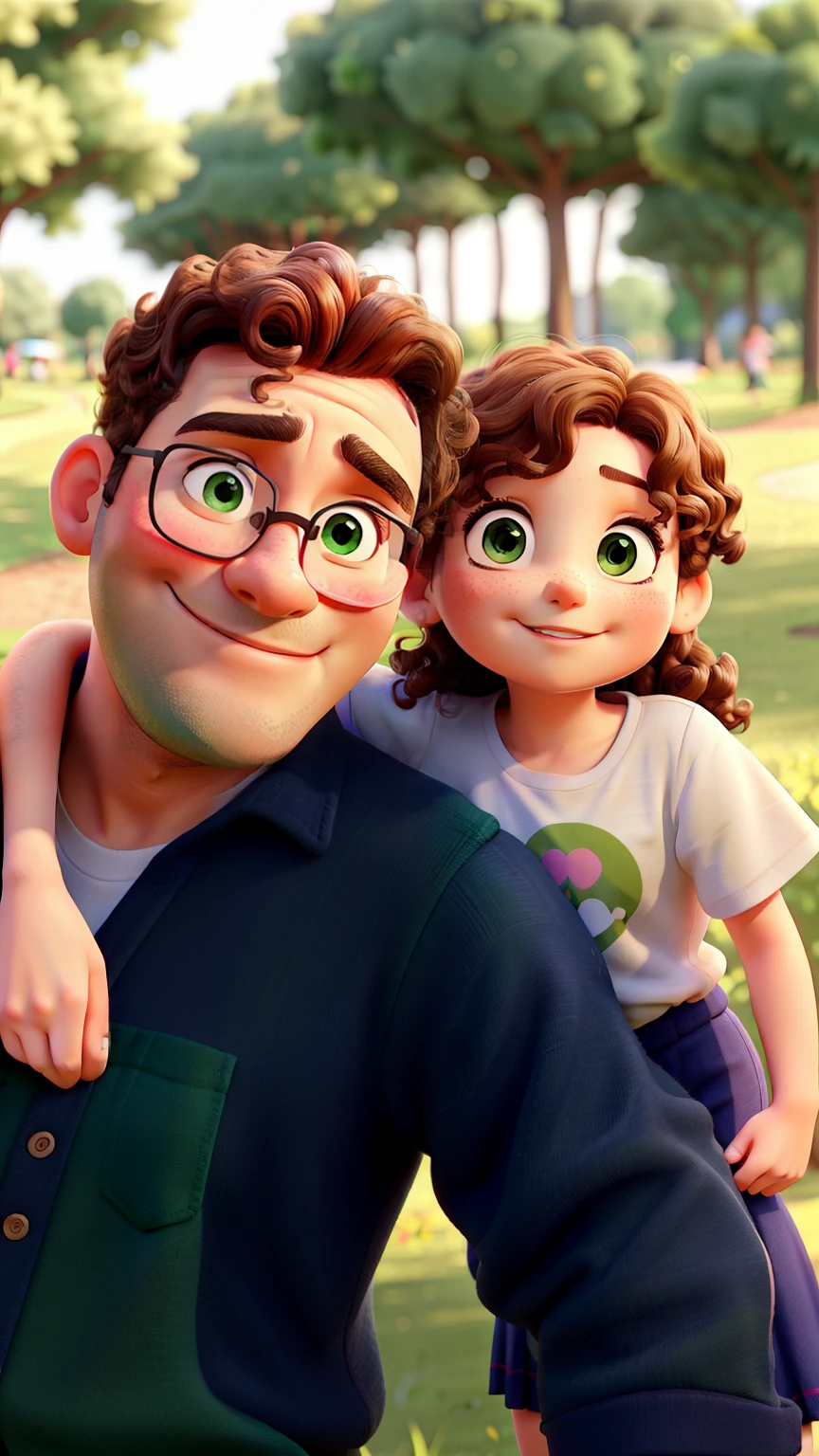 Curly-haired brunette father and daughter hugging each other posing for a background in a beautiful very green park and a sunny day