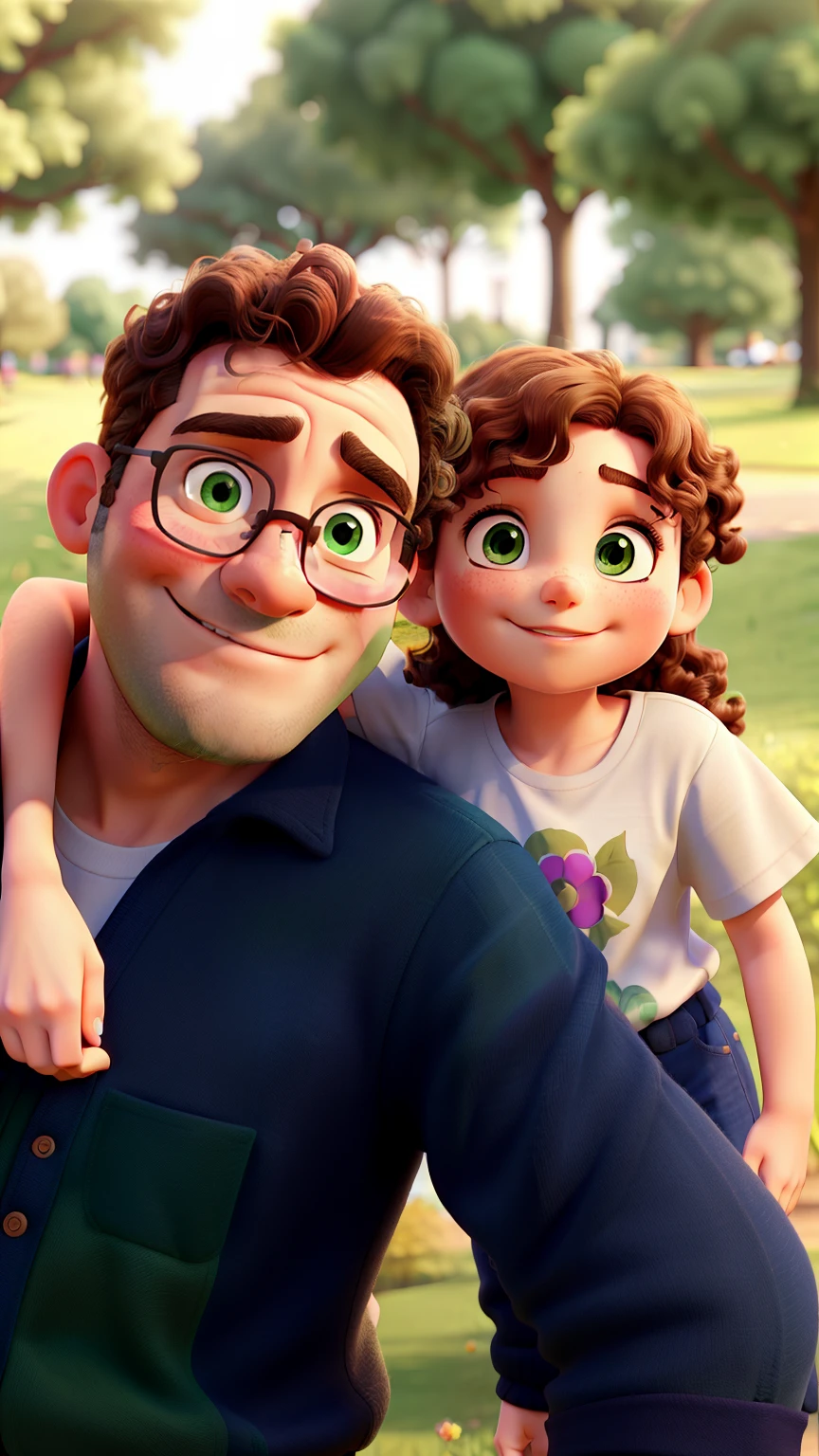 Curly-haired brunette father and daughter hugging each other posing for a background in a beautiful very green park and a sunny day