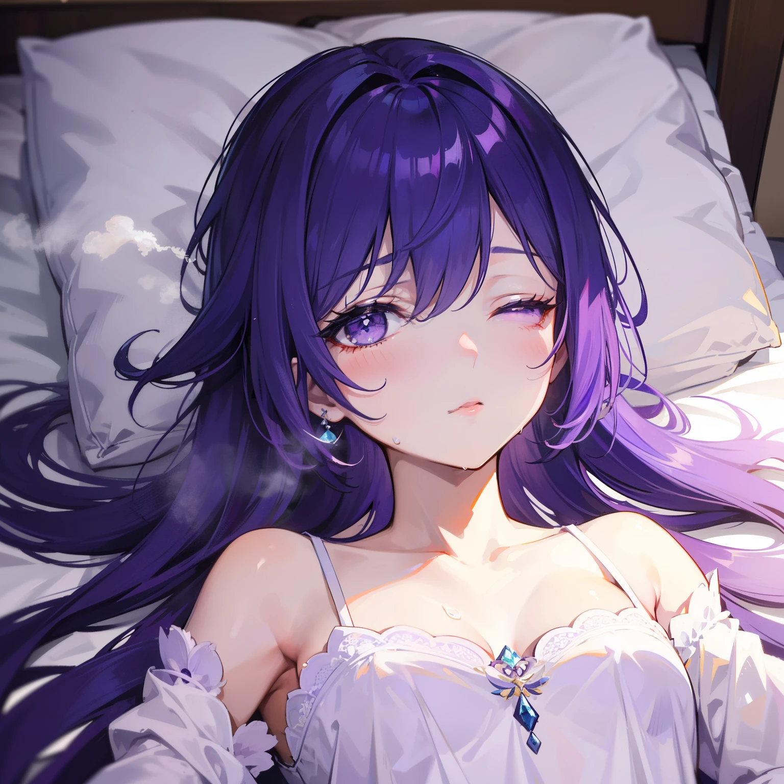 quality, masterpiece, highly detailed, 1girl, solo, long hair, dress, purple eyes, purple hair, Anastasia_Zelenska, blush, nsfw, naked, breasts, medium breasts bare naked, detailed face, wet body, saliva, bedroom, sleep, sleeping, lying on bed, after sex, pregnant, very tired, closed eyes, steam
