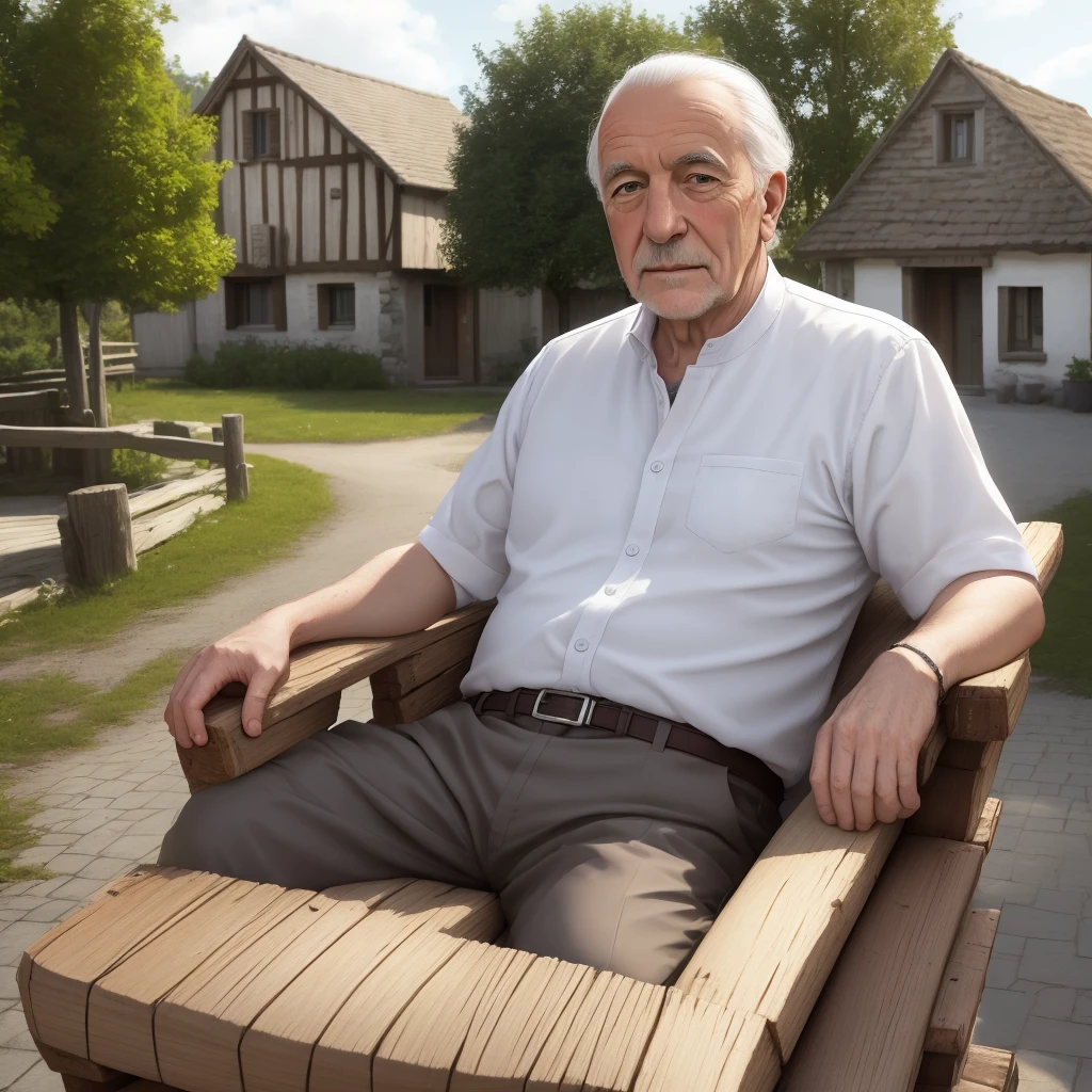 Grand père européen avec des cheveux blancs assi sur une chaise de bois au village