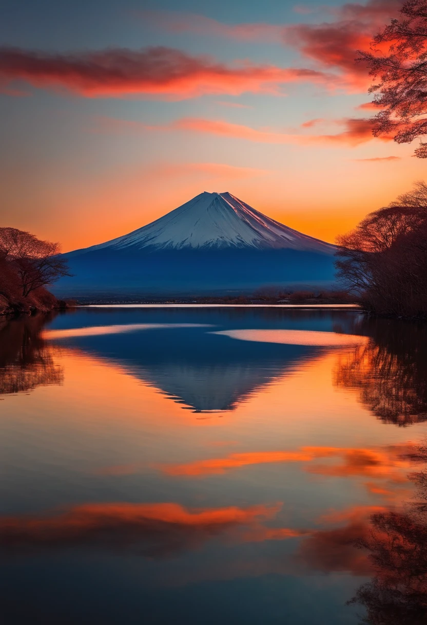 A cinematic, scenic, Impresionante hermosa imagen del monte Fuji y su reflejo en un lago al atardecer, El cielo es rojo, Bokeh, Dreamy, surrealista, fotorrealista