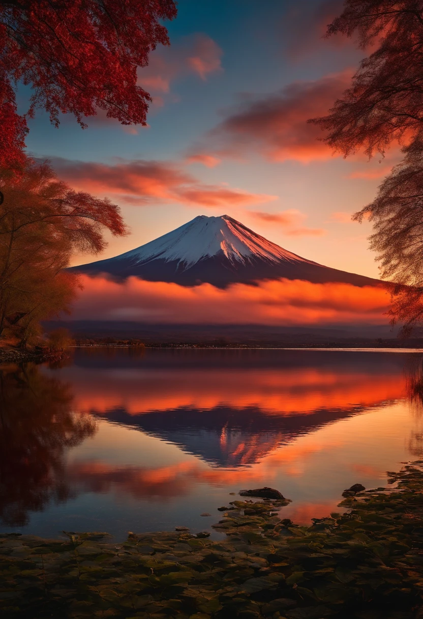 A cinematic, scenic, Impresionante hermosa imagen del monte Fuji y su reflejo en un lago al atardecer, El cielo es rojo, Bokeh, Dreamy, surrealista, fotorrealista