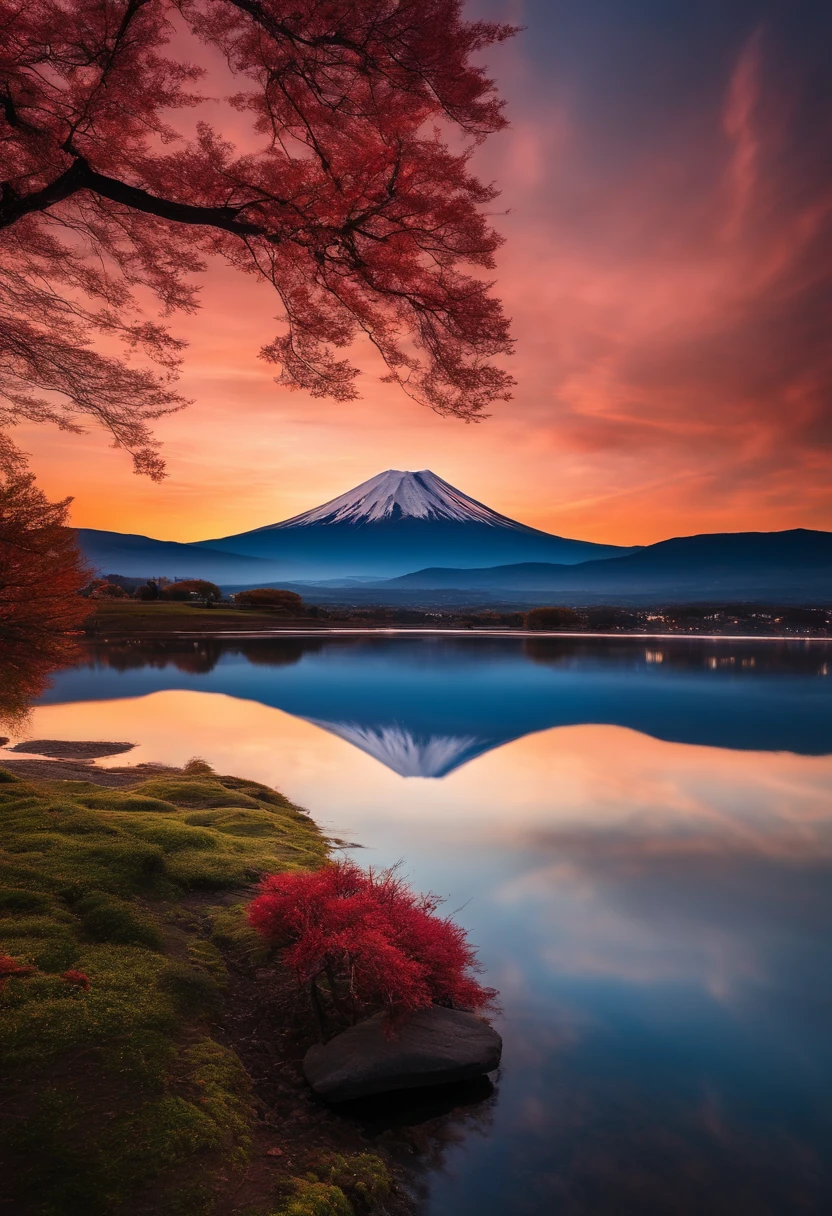 A cinematic, scenic, Impresionante hermosa imagen del monte Fuji y su reflejo en un lago al atardecer, El cielo es rojo, Bokeh, Dreamy, surrealista, fotorrealista