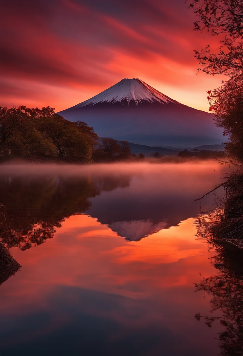 A cinematic, scenic, Impresionante hermosa imagen del monte Fuji y su reflejo en un lago al atardecer, El cielo es rojo, Bokeh, Dreamy, surrealista, fotorrealista