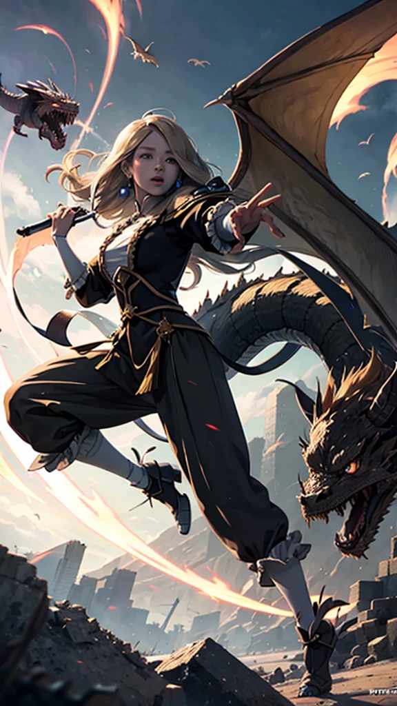 Chinese anime woman fighting dragon