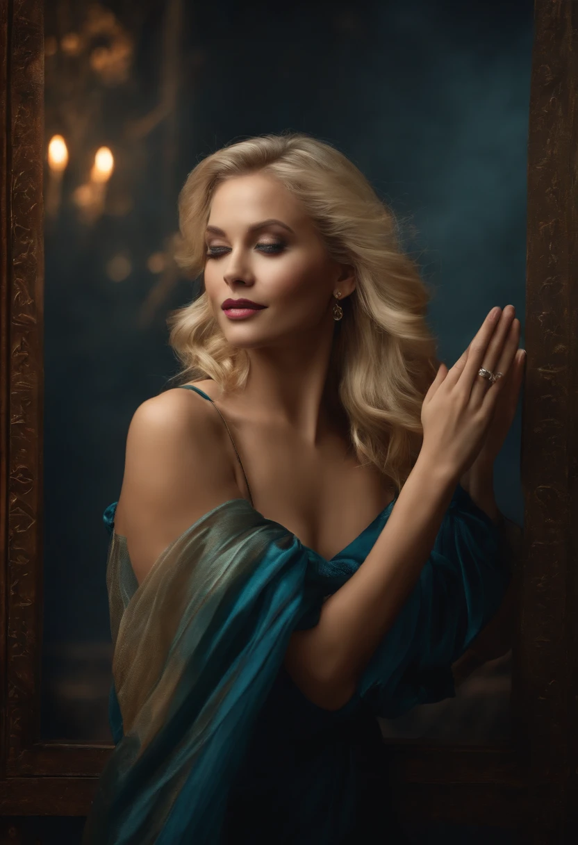 blonde woman in a dark theme waving goodbye