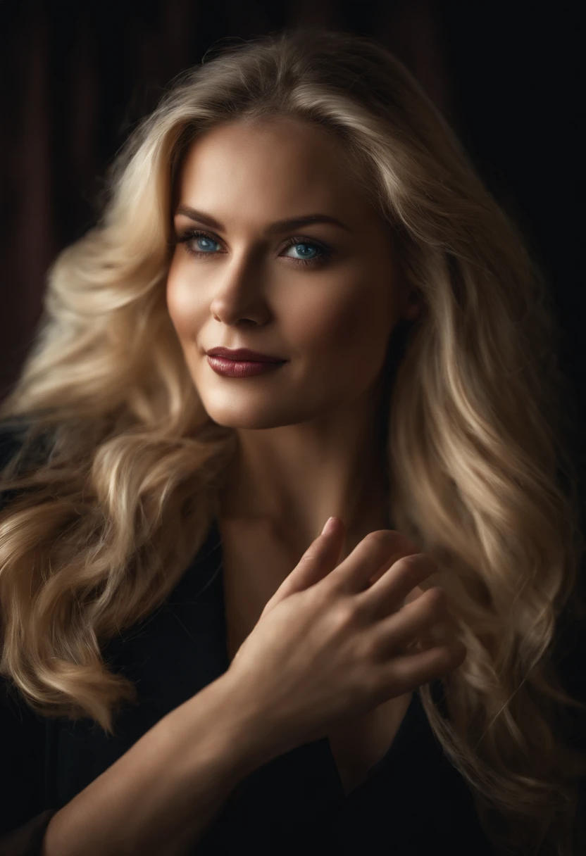 blonde woman in a dark theme waving goodbye