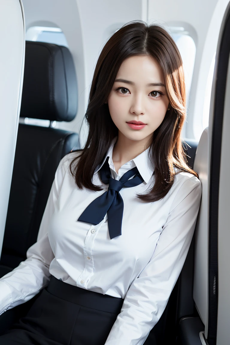 of the highest quality, masutepiece, 8K, Ultra high definition, (Photorealistic: 1.4), 1 girl, Beautiful face, Symmetrical eyes, Big, Perfect body proportions, Stewardess uniform, Viewer's facial expressions, (Inside the aircraft: 1.2), Front view, Shoulder jumping, Absolute area (1.3),Big Breast,Show underwear。