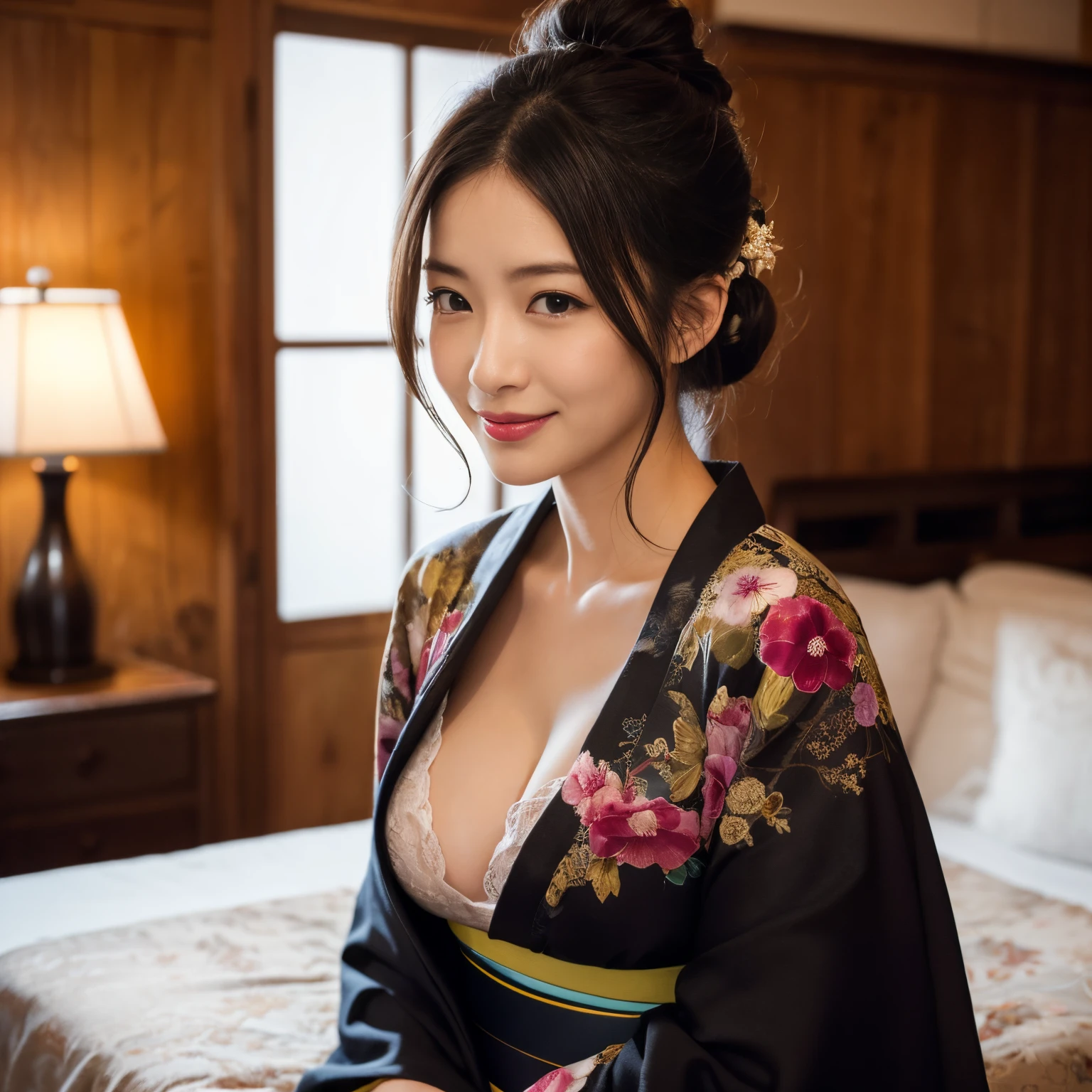 ((top-quality、masutepiece、8K、Top image quality、Hyper-Realism、SFW、1 photo))、1 female、wearing a luxurious kimono、Bright kimono、hair adornments、Dark lipstick、Perfect makeup、cleavage of the breast、chignon、turned around、Fluttering chest、Rooms in old houses、View me、Slight smile、Photo from the waist up、perfect anatomia、chignon、natta、dark、midnight、deep in the night、murky