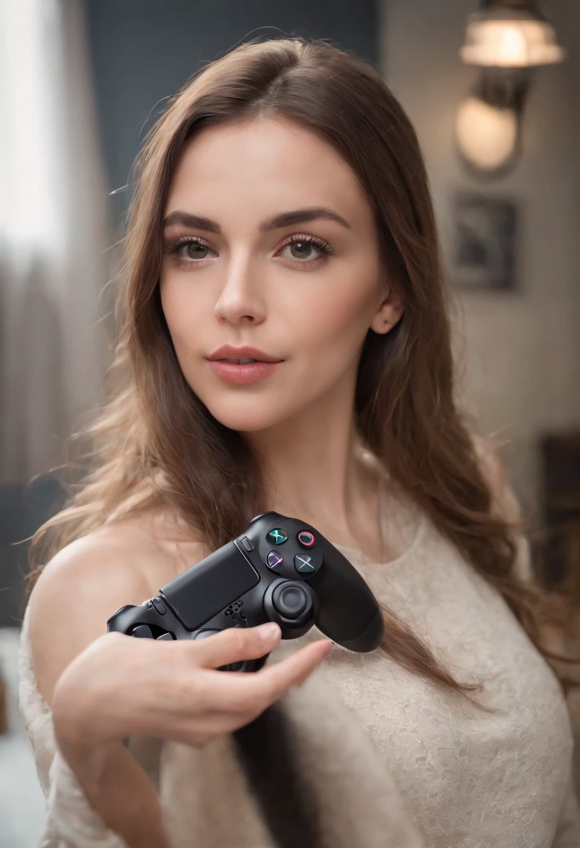 A beautiful woman with a big elastic butt, SELFIE CAMERA holding a PS4 controller and sticking out your tongue AND wearing comfortable clothes......,muy detallado, hermoso cuerpo y cara, se parece al original, Pelo rojo, sentado en silla gaming