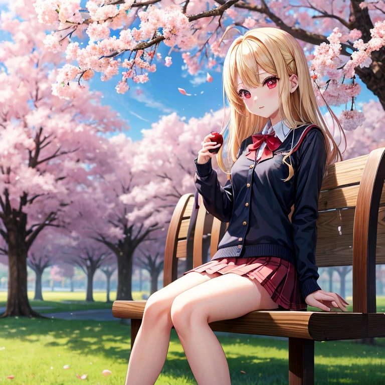 a blond、red eyes、One pretty girl、animesque、student clothes、a miniskirt、a park、sitting on、natta、cherry trees