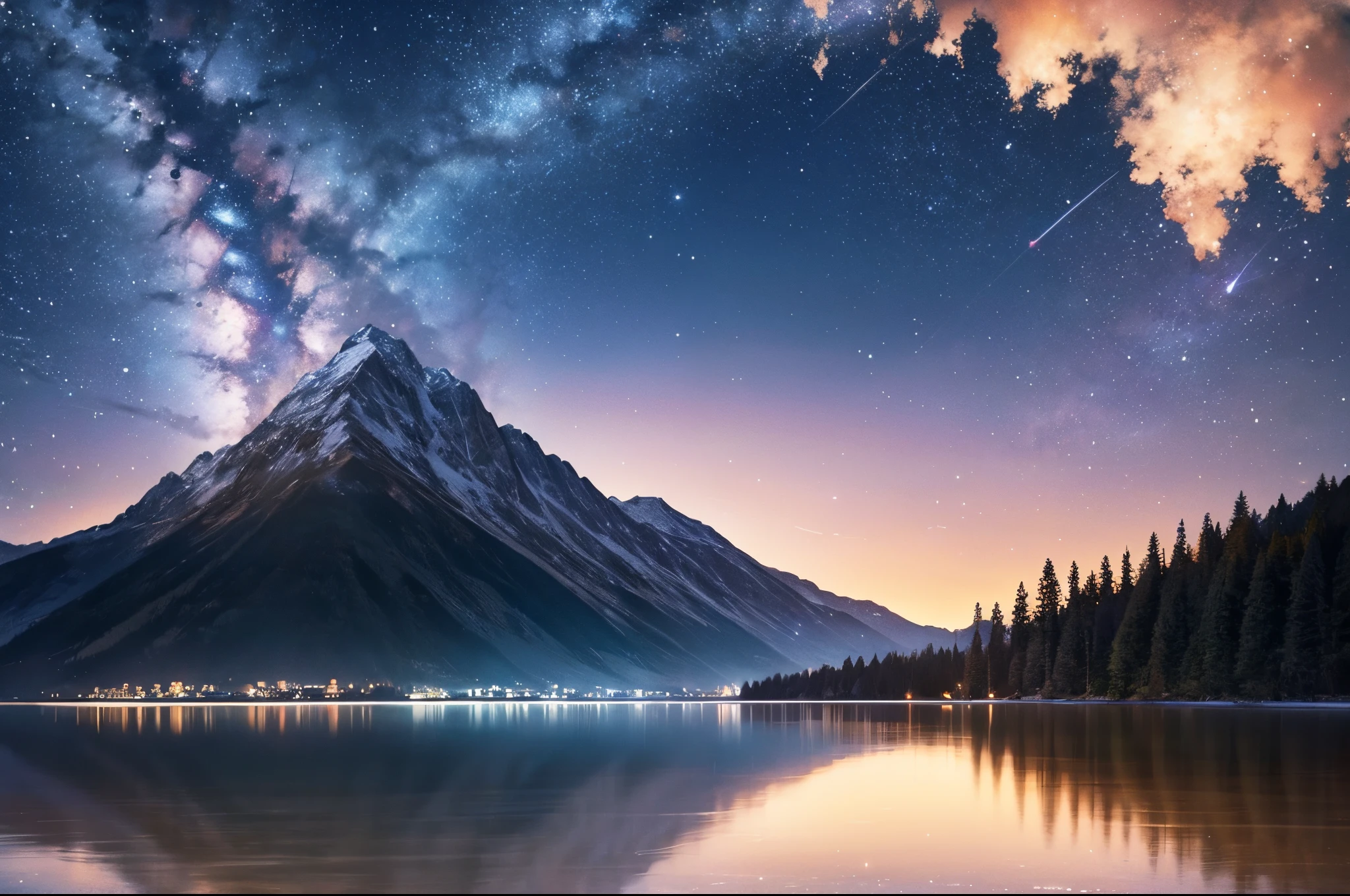 Night sky, galaxy, lake, reflection