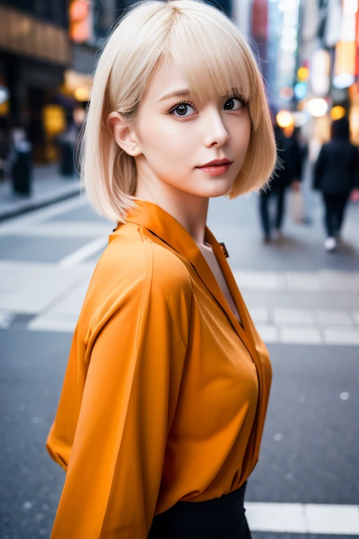 Carl Bob Kat, Platinum hair woman in orange collared shirt posing for photo shoot in city, 8k artgerm bokeh, Well-proportioned body, Beautiful Japan Woman, Gorgeous Necklaces, Beautiful young Japan woman, soft portrait shot 8 k, a japanese girl, Double and narrow eyes, Beautiful gray eyes, ros tran 8 k, cute young woman, Man Japan Woman, Beautiful blonde girl