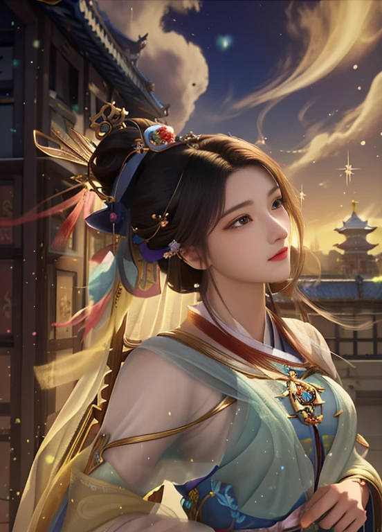 A woman in a blue dress stands in front of a building, Belle peinture de personnage, beautiful fantasy empress, author：Hero, ((beautiful fantasy empress)), 宮 ， A girl in Hanfu, Inspired by Du Qiong, Beautiful renderings of the Tang Dynasty, Guviz style artwork, Beautiful teenage girl, inspired by Fenghua Zhong