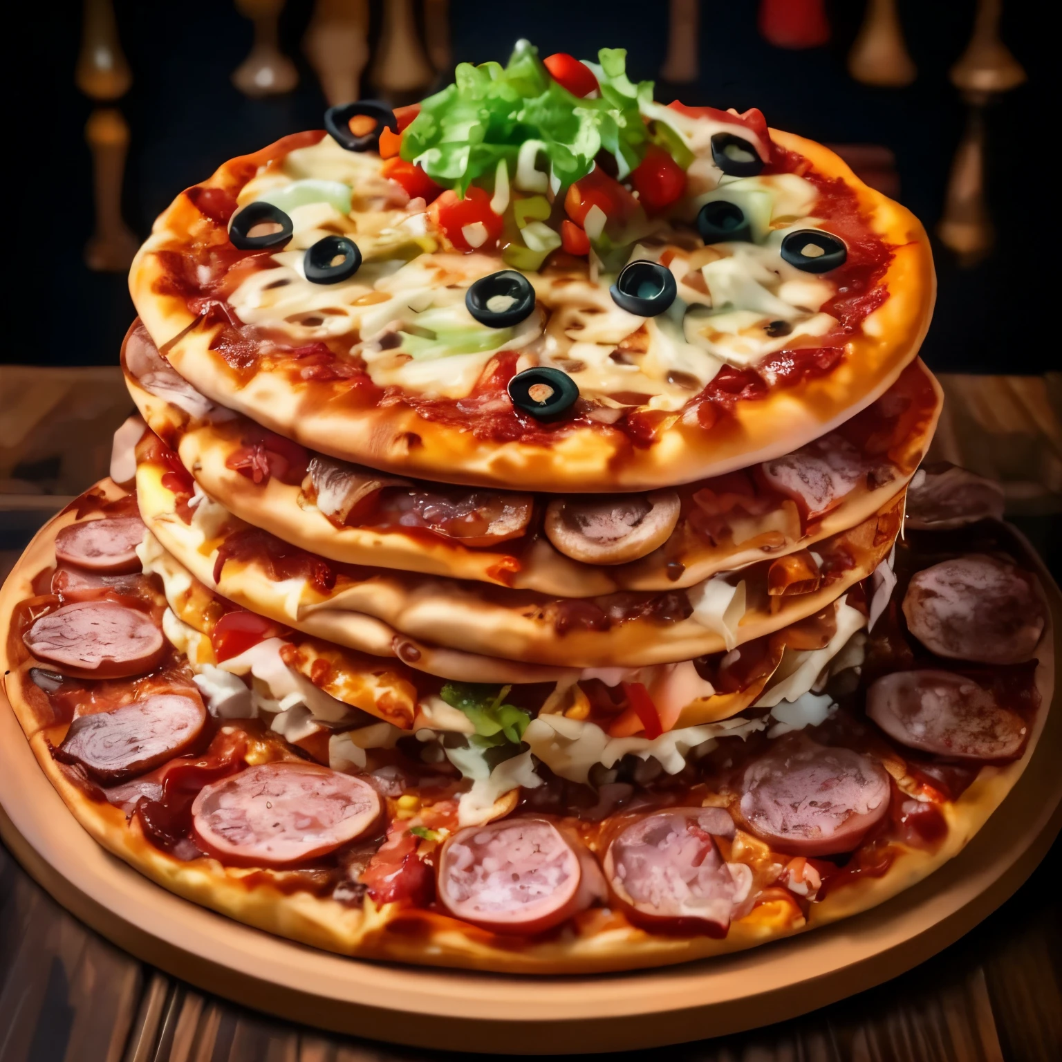 close-up of a stack of pizza with pepperoni and olives, Pizza Tower of Pisa, Pizza pie, Pizza skyscrapers, super realistic food picture, Italian pizza, pizza, pizza!, Cheese and pepperoni, Pizza Hut, Pizza on the table, Introducing the Big Pizza, Пицца Supreme, 🥥 🍕 hybrid, Pizza presentation, amazing food photography, Very high detail