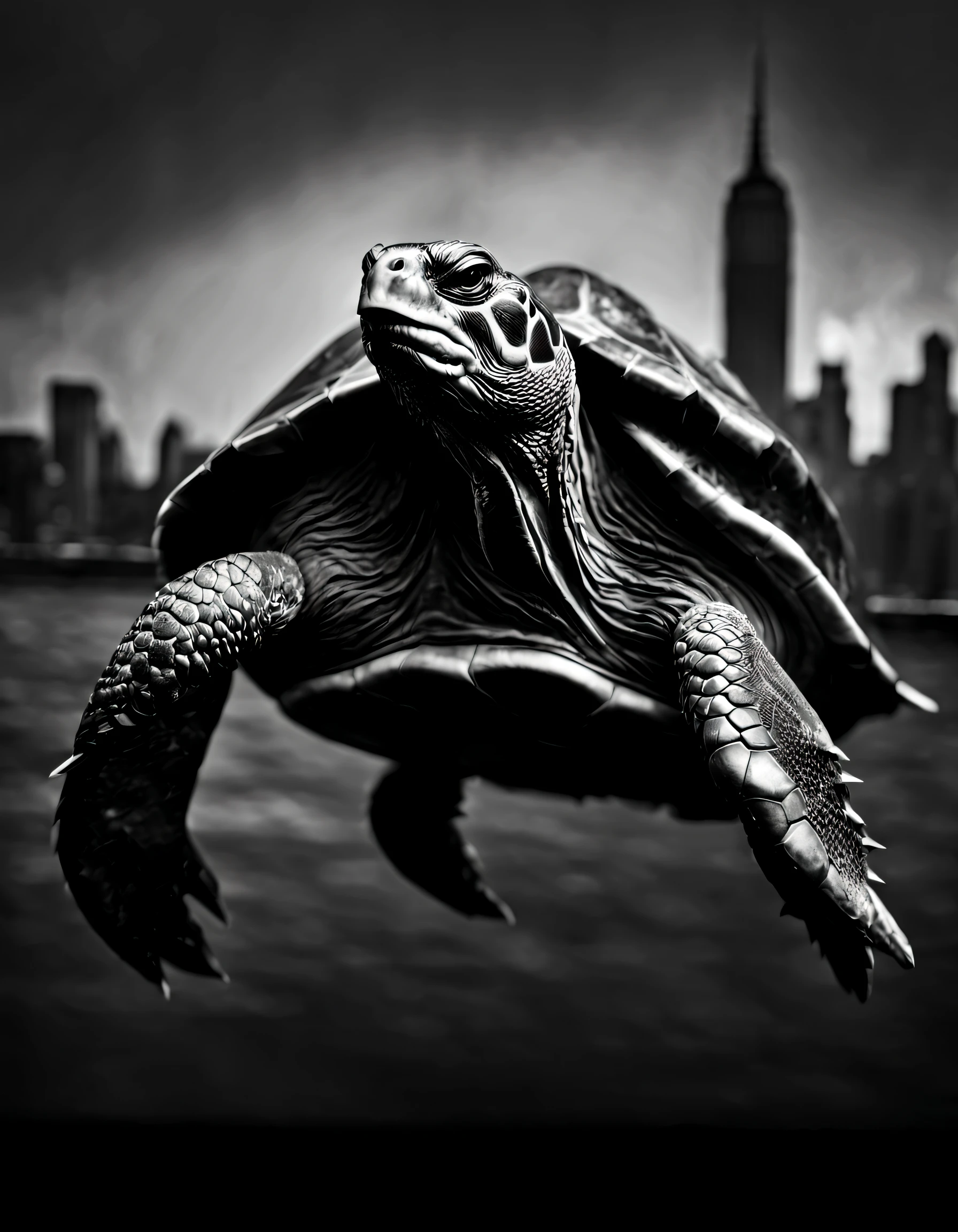 Black and white photos of turtles, Giant turtle stomps over New York City, full body, profile portrait of Gerard Soest, black background, beauty, naturalism, contrast between light and dark, studio photography, studio portrait Stunning visual effects, 8K, attractive cleavage, 电影灯光,