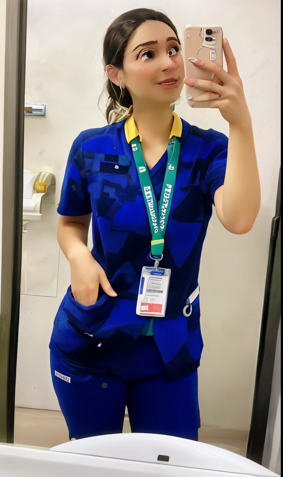 arafed woman taking a selfie in a bathroom mirror, Trabajador de la salud, Uniformes coloridos, usar una bata de hospital, batas de enfermera, Ganador del concurso, 2 , infirmary, Imagen de perfil, 2 3 years olduniforme azul, 2 7 years old, Foto de pyears old, 30-year-old woman