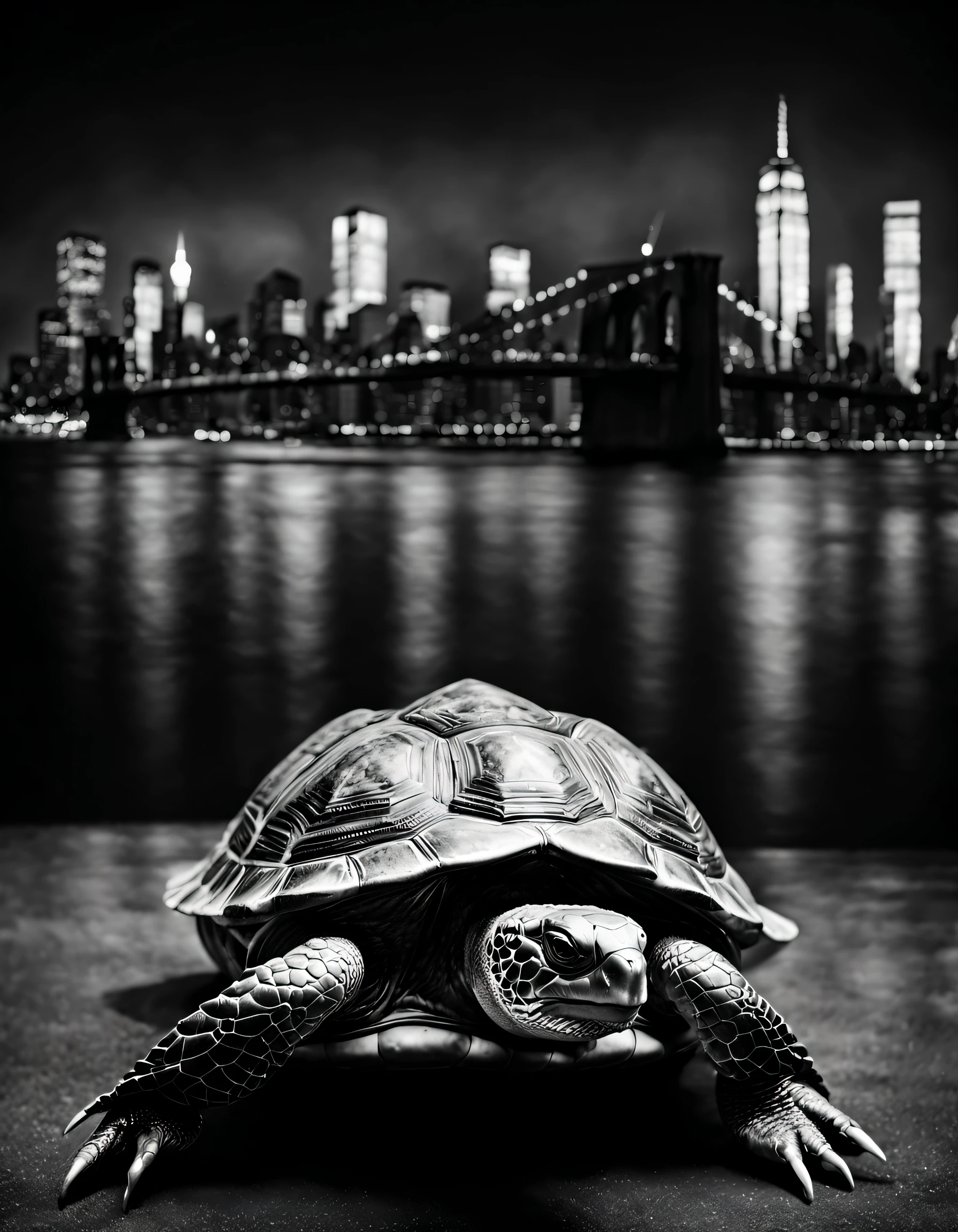 Black and white photos of turtles, Giant turtle stomps over New York City, full body, profile portrait of Gerard Soest, black background, beauty, naturalism, contrast between light and dark, studio photography, studio portrait Stunning visual effects, 8K, attractive cleavage, 电影灯光,