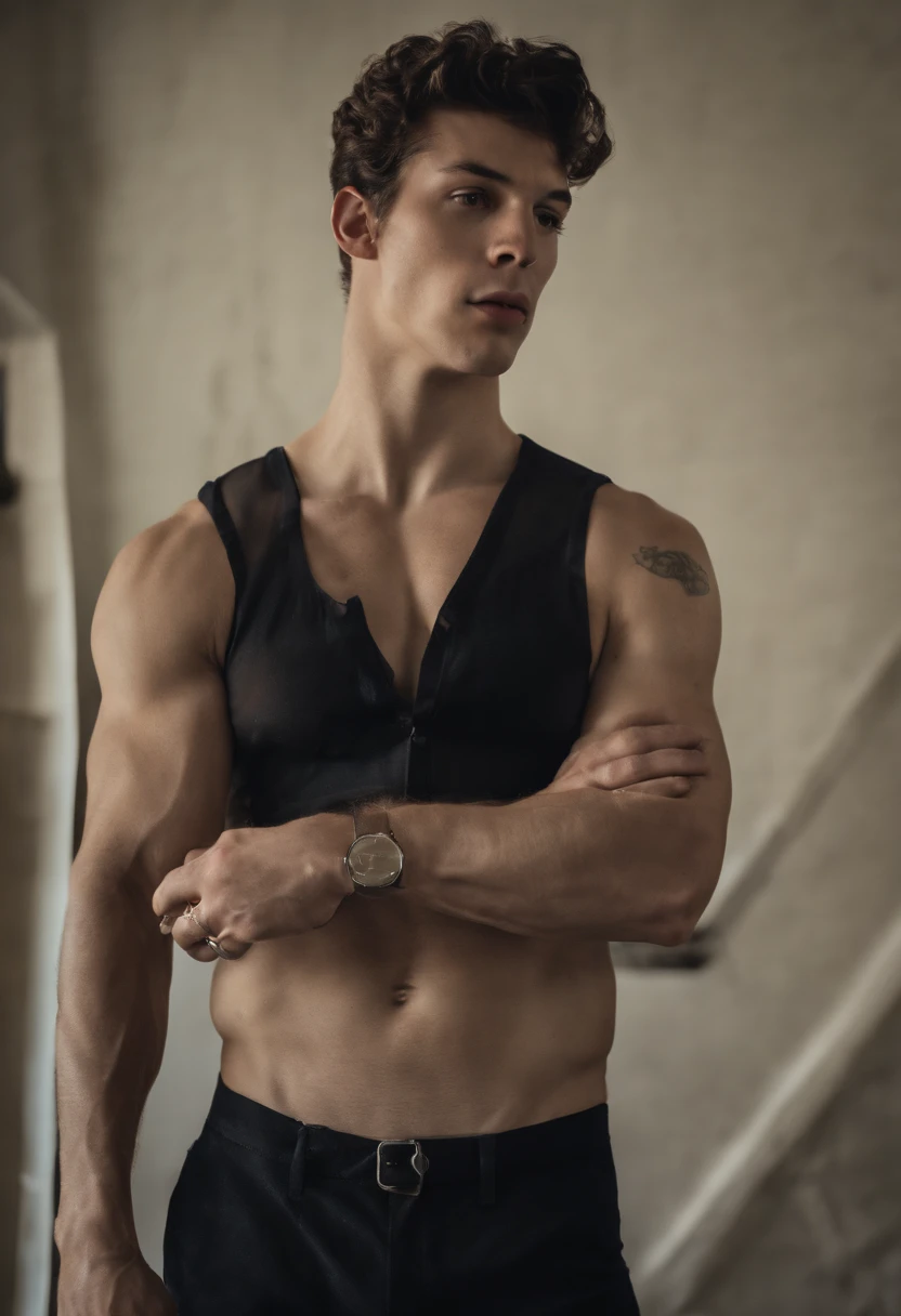 (((rock hard and erect male genitalia visible))), (((shawn mendes wearing a completely see through and transparent underwear ))), (((full body and face in frame))), (massive crotch print/bulge), lean and toned, Realistic, High resolution, High quality, smooth and refined style, 4k
