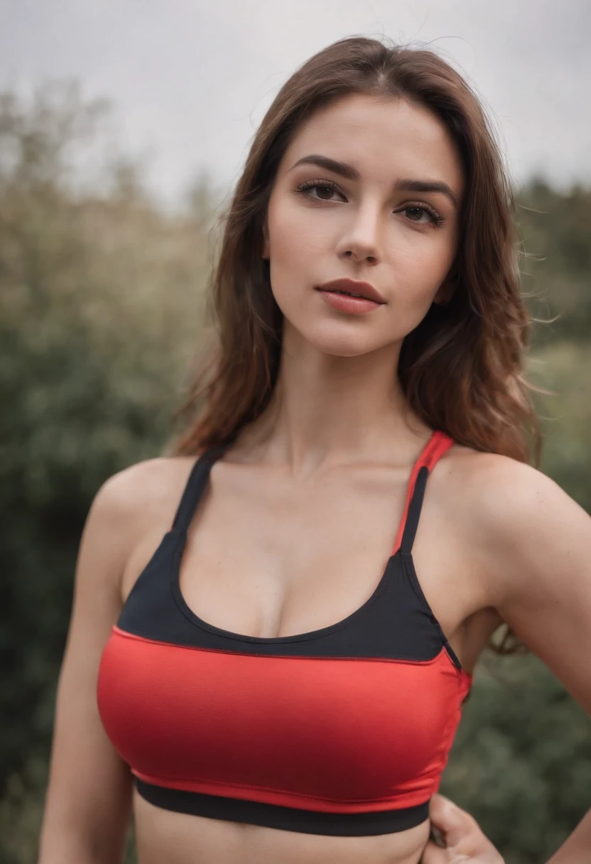 A beautiful woman with a big elastic butt, Posing for the camera with a look of effort in a tank top and tight sports shorts....,muy detallado, hermoso cuerpo y cara, se parece al original, Pelo rojo, haciendo extension de cuadriceps