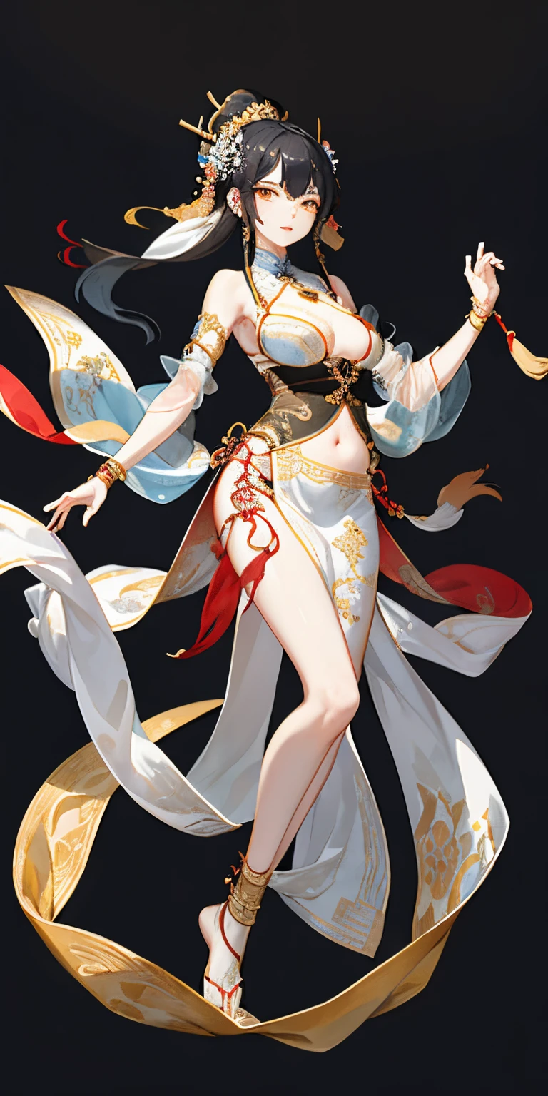 An ancient Chinese beauty, dancing, gorgeous costumes embroidered with complex embroidery, transparent long colored streamers tied on her arms, elegant, exposed belly button, bare shoulders, exposed neck, wreath, black hair bun and flower hairpin headband, Armbands are tied with ribbons, bracelets, anklets, metal chain tassels around the waist, Mogao Grottoes art, inspiration from Dunhuang Flying Apsaras murals, ink wash, cgstation pop --v 6