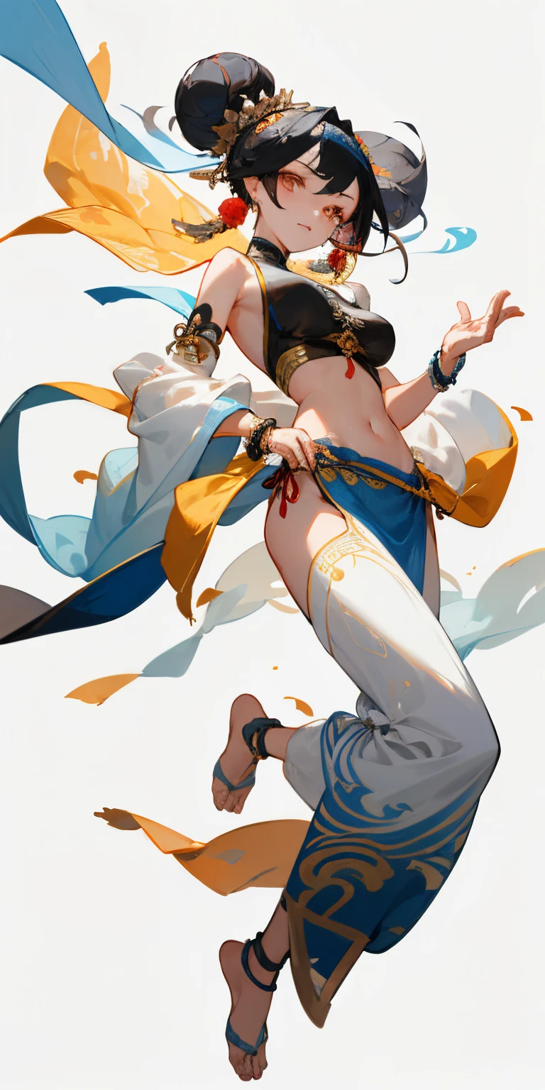 1girl, Angle from the front, The girl bends forward to show off her breasts、(Blade), (Tanned shiny black skin:1.6)、Glowing Eyes, ((grinning with a devilish smile)), ( girl), blondes、Twin tails、forehead、Small breasts, hat, ((((arabian clothes, see-through)), (microphone headband), (Areola Slip), small breasts, (jewelry)))、desert, ((sahara))、(((footjob))), 1boy, (1penis), under hair, ((eject cum)), (sexy pose), ((kicking)), One leg raised、