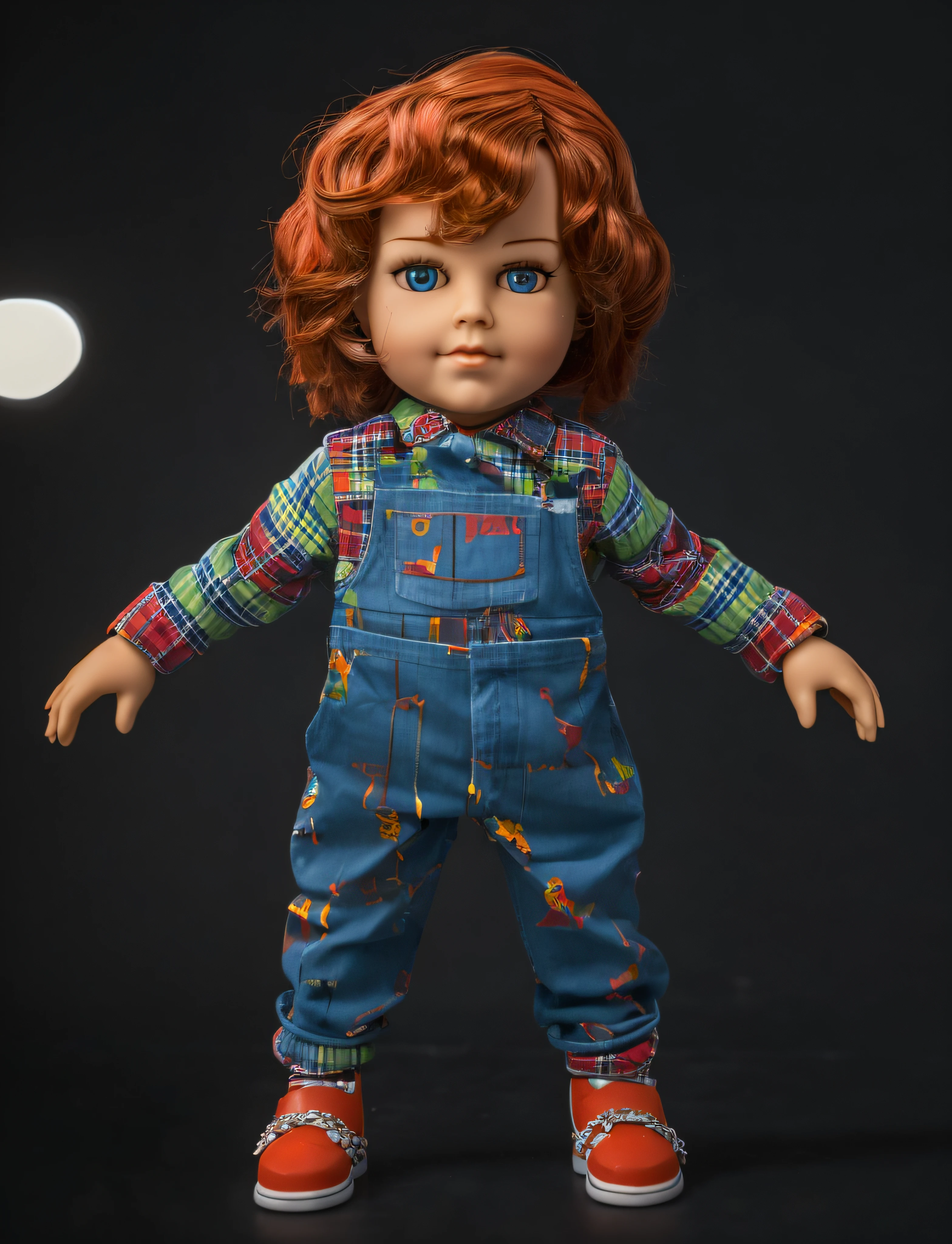 (best quality, high resolution, masterpiece: 1.2) 30 years old doll, ultra-detailed, portrait, , [inspired by good guys], [doll], , [glass appearance], life size, like a puppet, perfect eyes , [weak smile], rubber [plaid lumberjack clothes], bright colors, orange and moody lighting.