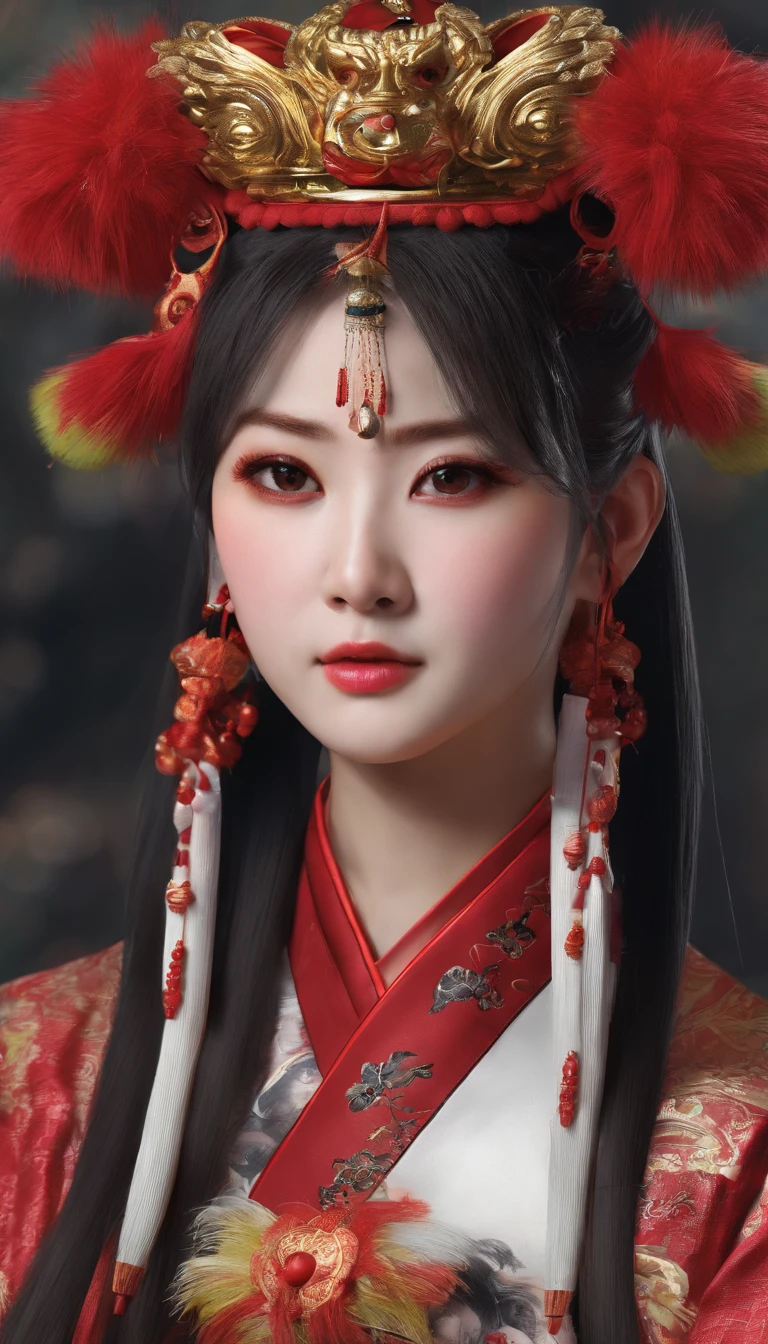 Traditional Chinese culture，1girll，lion dance，Awaken the lion，characteristic，The facial features are delicate and beautiful，The black and red lion head is worn on the head，Dance the lion's head dance with both hands，jubilation