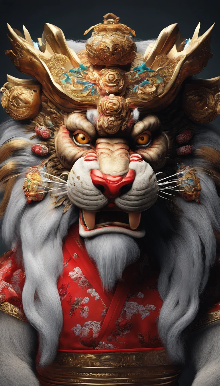 Traditional Chinese culture,1girll,lion dance,Awaken the lion,characteristic,The facial features are delicate and beautiful,The black and red lion head is worn on the head,Dance the lion's head dance with both hands,jubilation