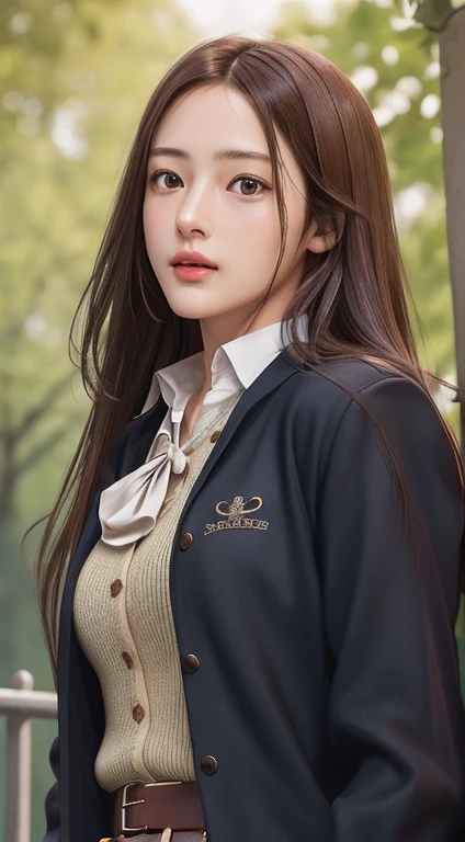 Photorealistic, masutepiece, Best Quality, Raw photo, 1girl in, Solo, Long hair, Brown hair, Detailed face, alluring face, Collared shirt, medium breasts, Dynamic Pose, Looking at Viewer, From below, Detailed background, fine detailed, intricate detailes, Ray tracing, depth of fields, lowkey, nffsw