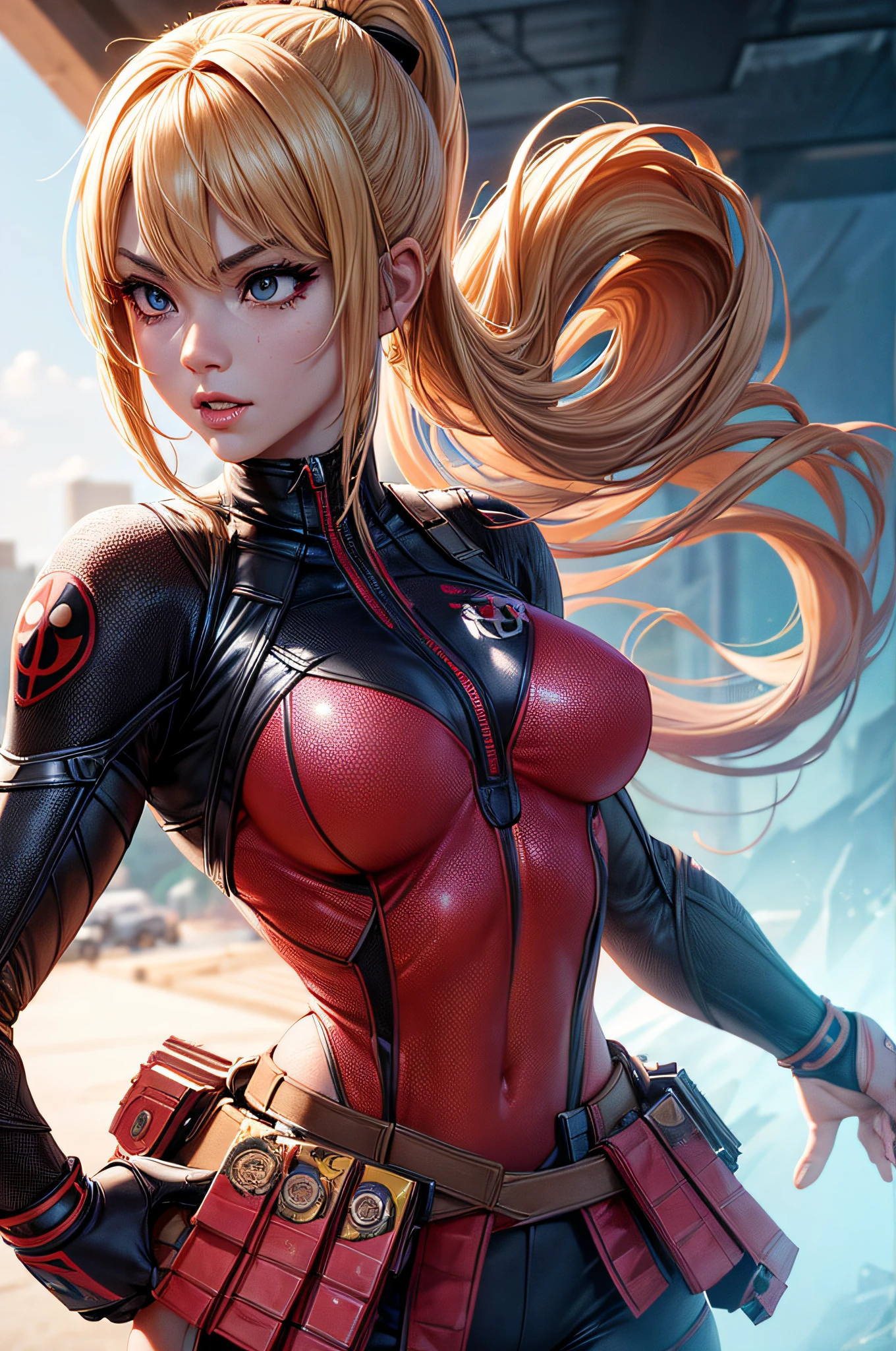 girl, comic accurate Deadpool costume, long blond hair in ponytail, combat stance, highly detailed, vibrant appearance, creative behavior, imaginative, sensual, spontaneous, small breasts, sexi, highest quality, skin texture, intricate details, (cinematic lighting), RAW photo, 8k, masterpiece,best quality,ultra-detailed,very detailed illustrations,extremely detailed,intricate details,highres,super complex details,extremely detailed 8k cg wallpaper,