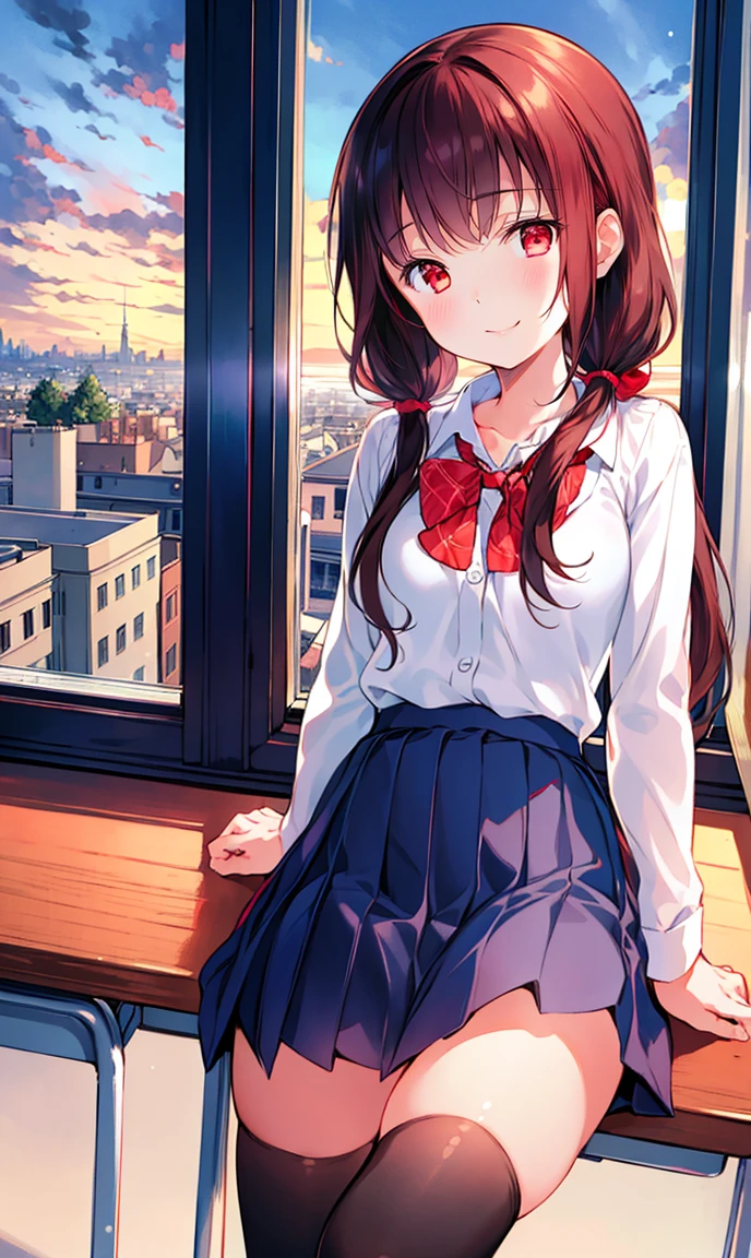 (masterpiece), (best quality), (illustration), (beautiful detailed), (highres), 1girl, solo, looking at viewer,
sitting, 
sunset, (school uniform), 
long hair, red eyes, low twintails,
ribbon, white shirt, (blue) skirt, black thighhighs, 
smile, blush,
indoors, window, [building], classroom, table, chair, (coffee:0.5)