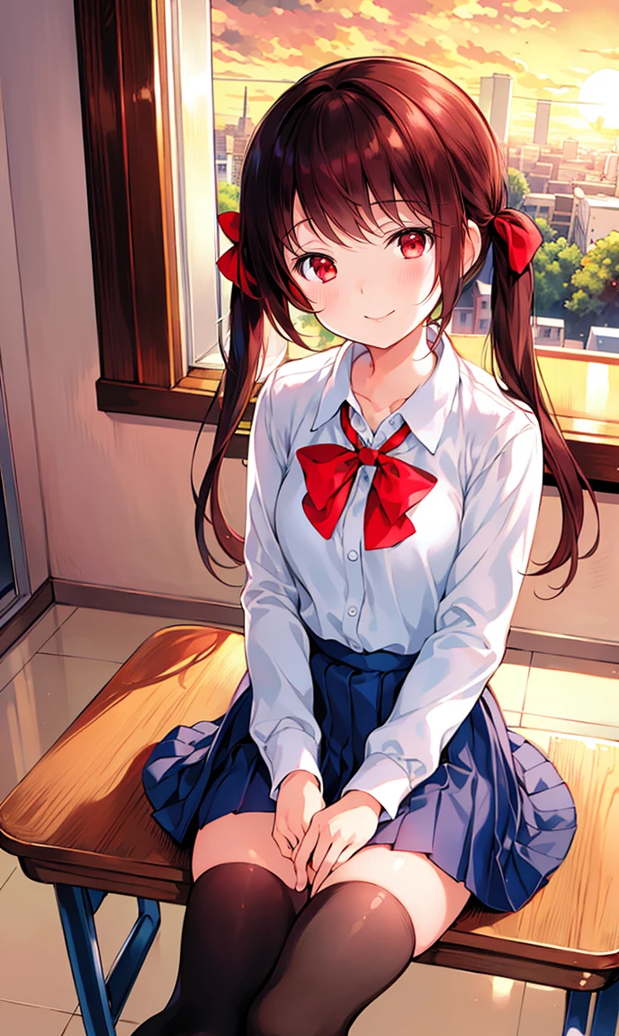 (masterpiece), (best quality), (illustration), (beautiful detailed), (highres), 1girl, solo, looking at viewer,
sitting, 
sunset, (school uniform), 
long hair, red eyes, low twintails,
ribbon, white shirt, (blue) skirt, black thighhighs, 
smile, blush,
indoors, window, [building], classroom, table, chair, (coffee:0.5)