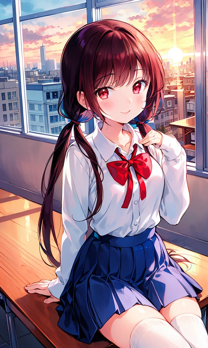 (masterpiece), (best quality), (illustration), (beautiful detailed), (highres), 1girl, solo, looking at viewer,
sitting, 
sunset, (school uniform), 
long hair, red eyes, low twintails,
ribbon, white shirt, (blue) skirt, black thighhighs, 
smile, blush,
indoors, window, [building], classroom, table, chair, (coffee:0.5)