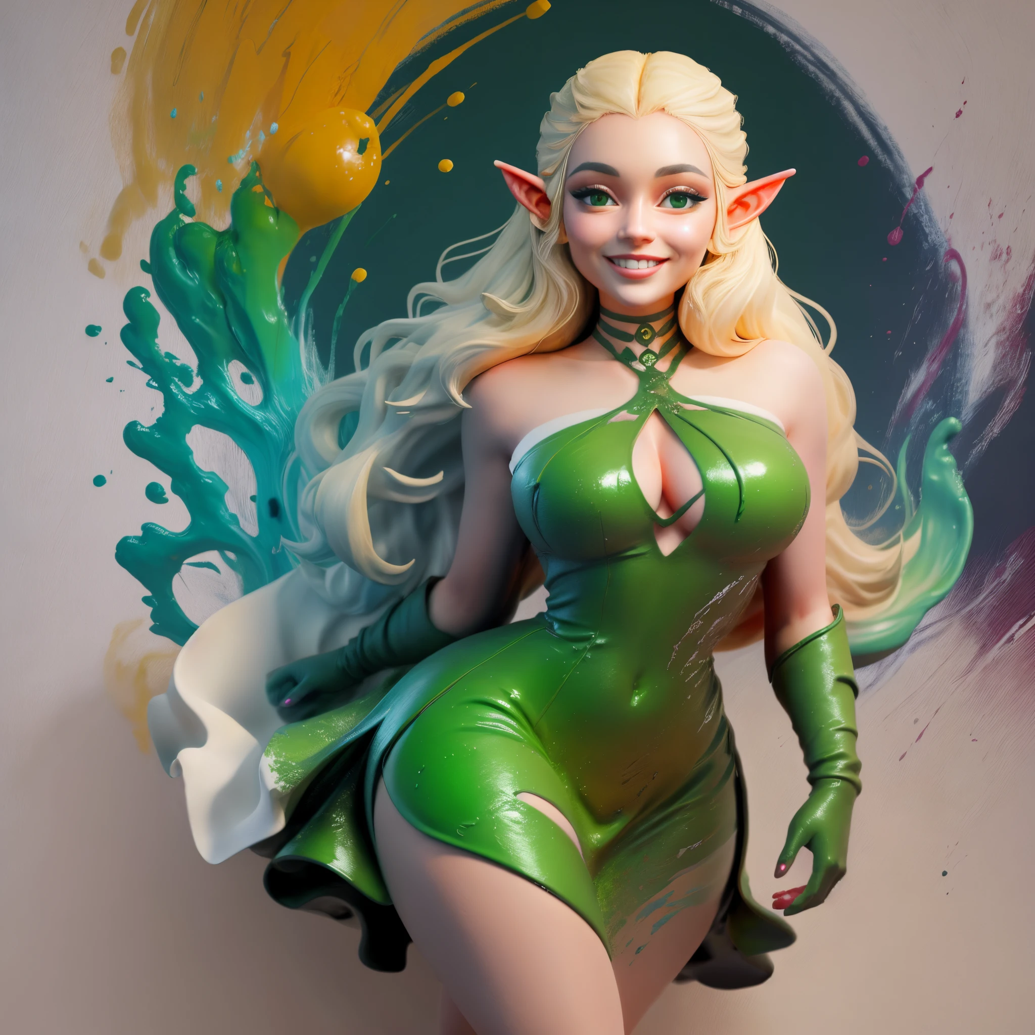 Elf woman portrait, bold and expressive brushwork, thick heavy acrylic paint, beautiful woman, smiling, long blond hair, eyes looking at camera, green dress, vibrant colors, painterly background, fine art.